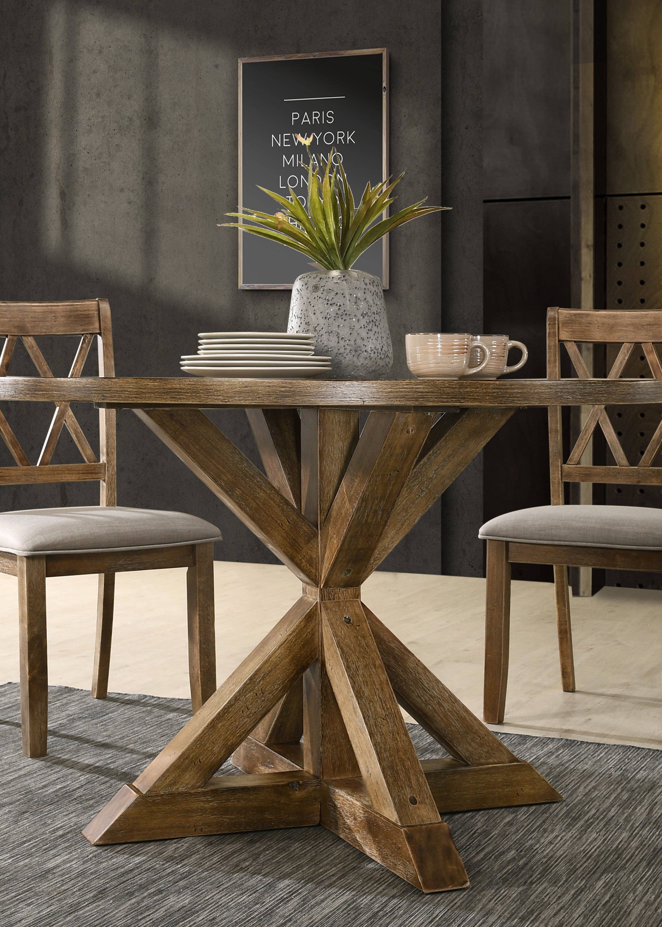 Firlo Round Dining Table with Cross-Buck Pedestal Base