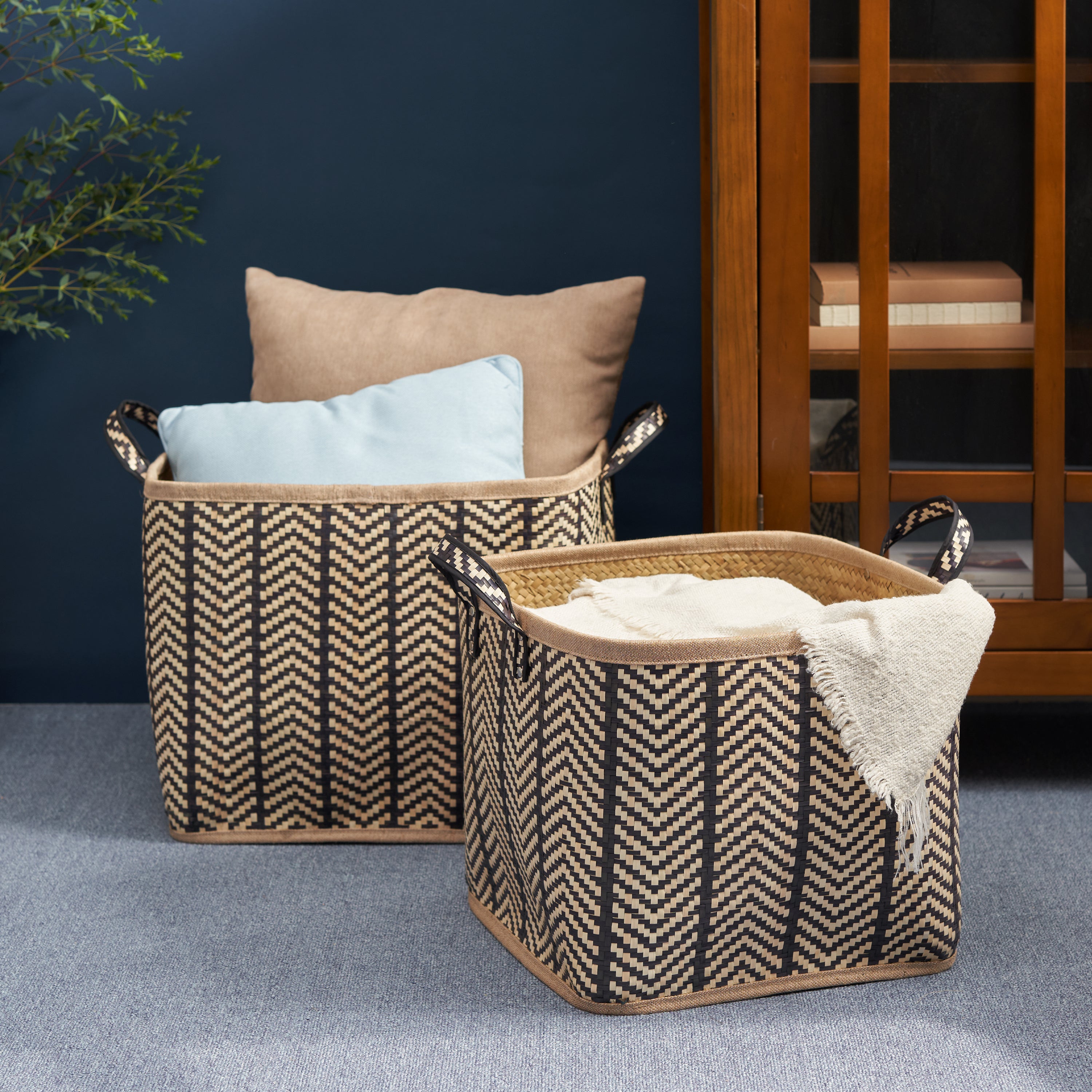 Square Palm Leaf Woven Wicker Storage Basket, Set of 2