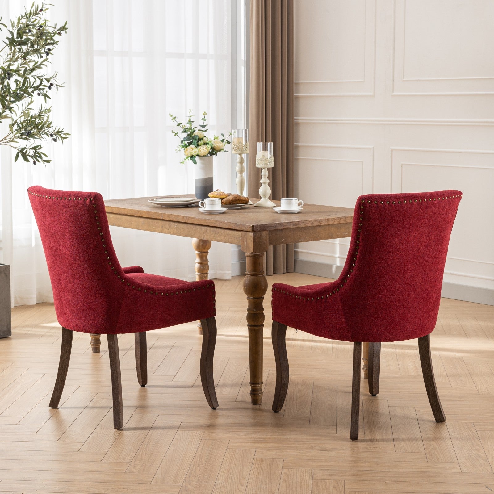 A&A Furniture,Ultra Side Dining Chair,Thickened fabric chairs with neutrally toned solid wood legs,Bronze nail head,Set of 2,Wine Red,Burgundy,SW1807WR