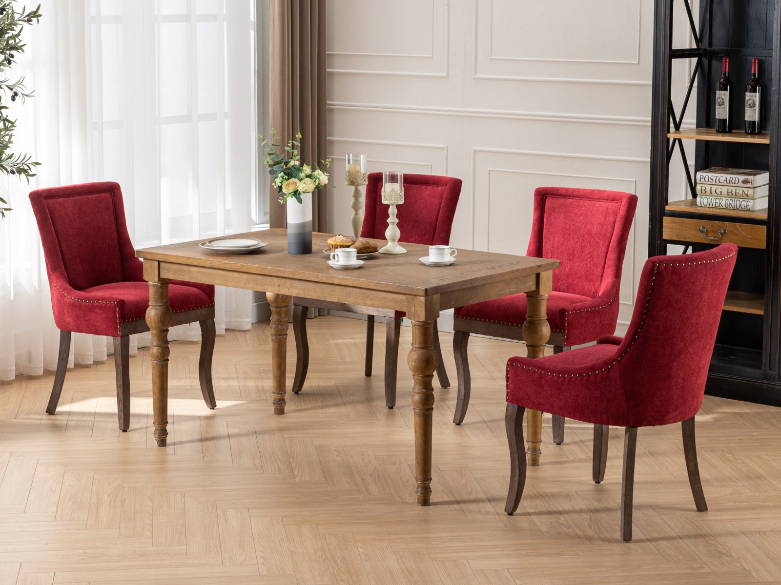 A&A Furniture,Ultra Side Dining Chair,Thickened fabric chairs with neutrally toned solid wood legs,Bronze nail head,Set of 2,Wine Red,Burgundy,SW1807WR