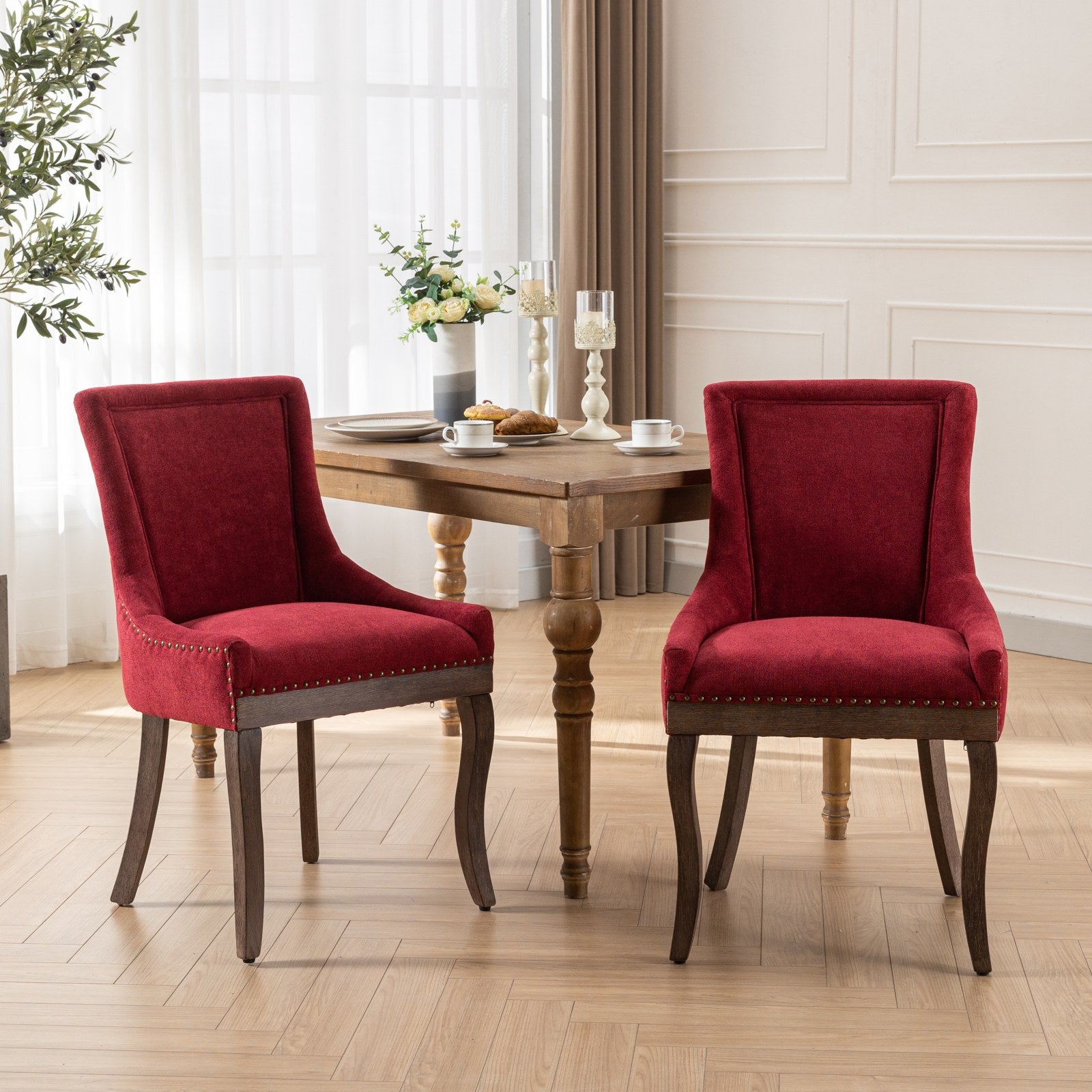 A&A Furniture,Ultra Side Dining Chair,Thickened fabric chairs with neutrally toned solid wood legs,Bronze nail head,Set of 2,Wine Red,Burgundy,SW1807WR