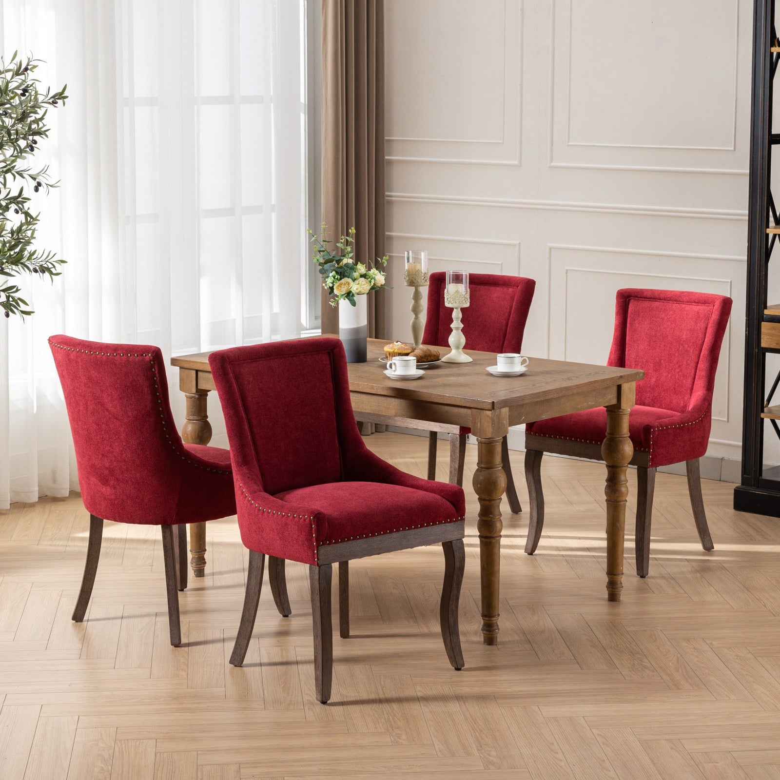A&A Furniture,Ultra Side Dining Chair,Thickened fabric chairs with neutrally toned solid wood legs,Bronze nail head,Set of 2,Wine Red,Burgundy,SW1807WR