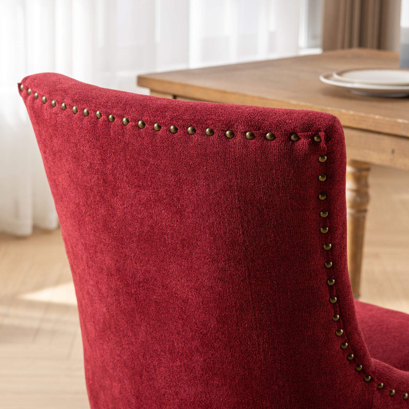 A&A Furniture,Ultra Side Dining Chair,Thickened fabric chairs with neutrally toned solid wood legs,Bronze nail head,Set of 2,Wine Red,Burgundy,SW1807WR