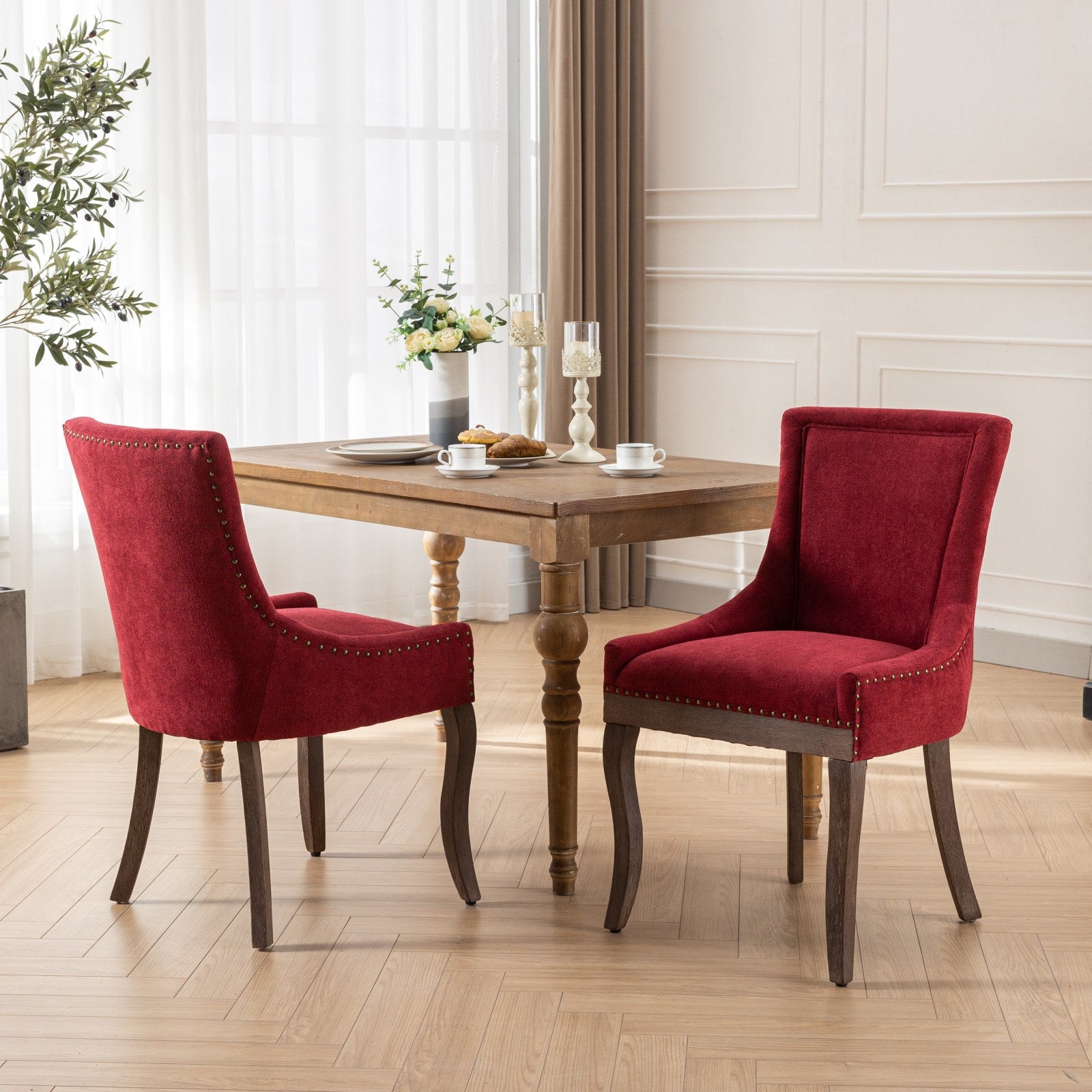 A&A Furniture,Ultra Side Dining Chair,Thickened fabric chairs with neutrally toned solid wood legs,Bronze nail head,Set of 2,Wine Red,Burgundy,SW1807WR