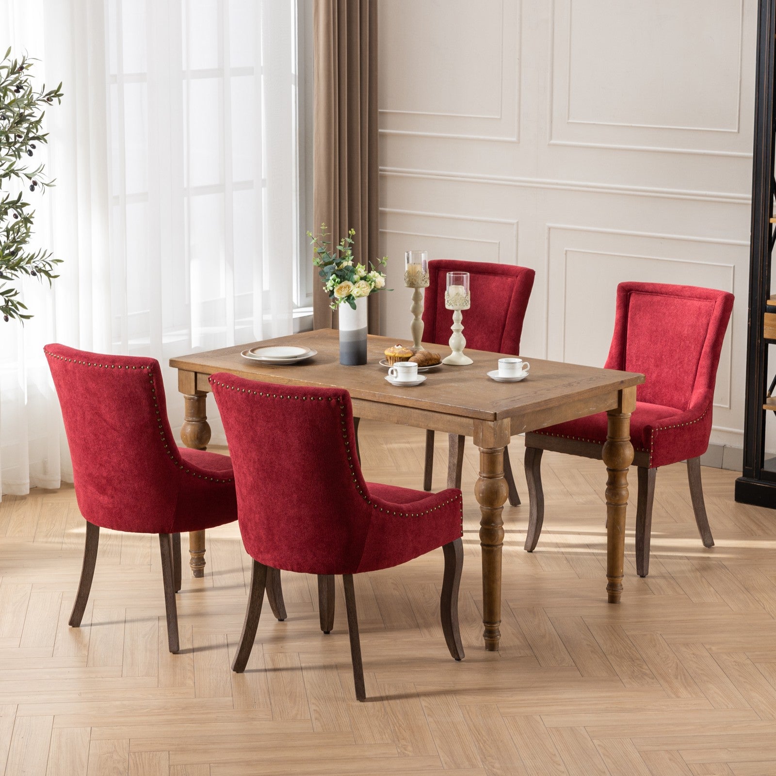 A&A Furniture,Ultra Side Dining Chair,Thickened fabric chairs with neutrally toned solid wood legs,Bronze nail head,Set of 2,Wine Red,Burgundy,SW1807WR