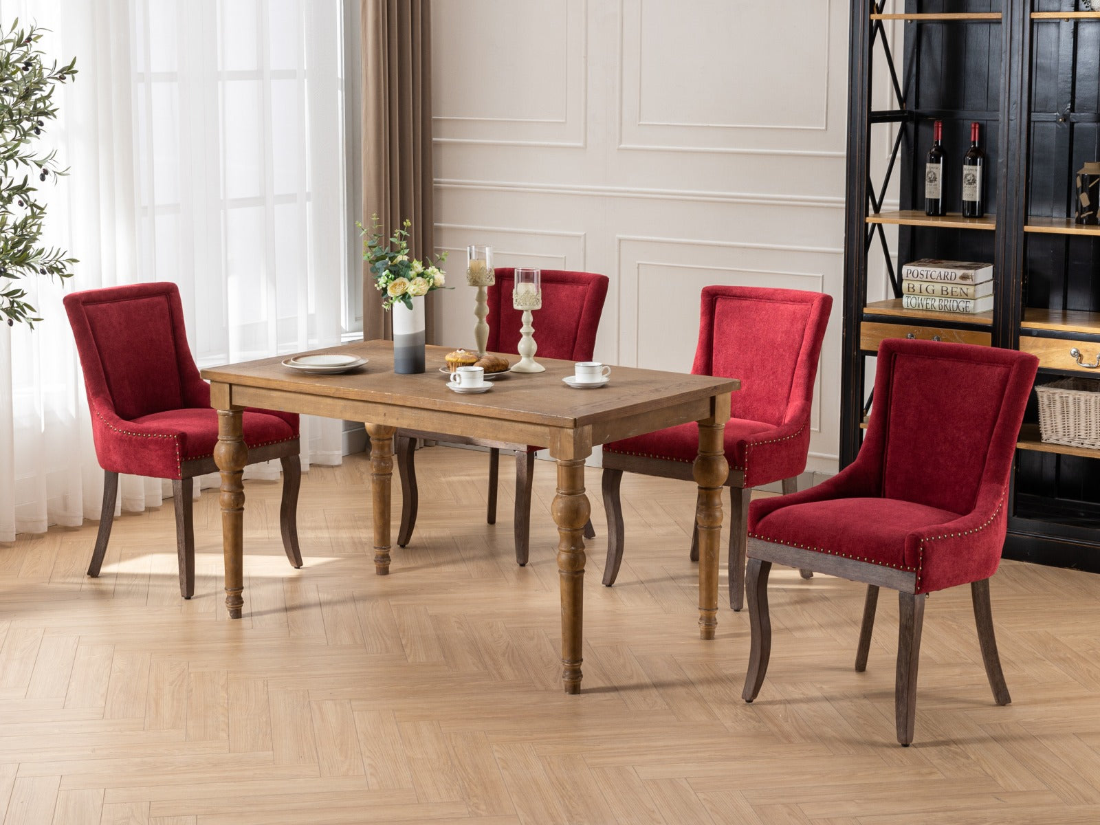 A&A Furniture,Ultra Side Dining Chair,Thickened fabric chairs with neutrally toned solid wood legs,Bronze nail head,Set of 2,Wine Red,Burgundy,SW1807WR