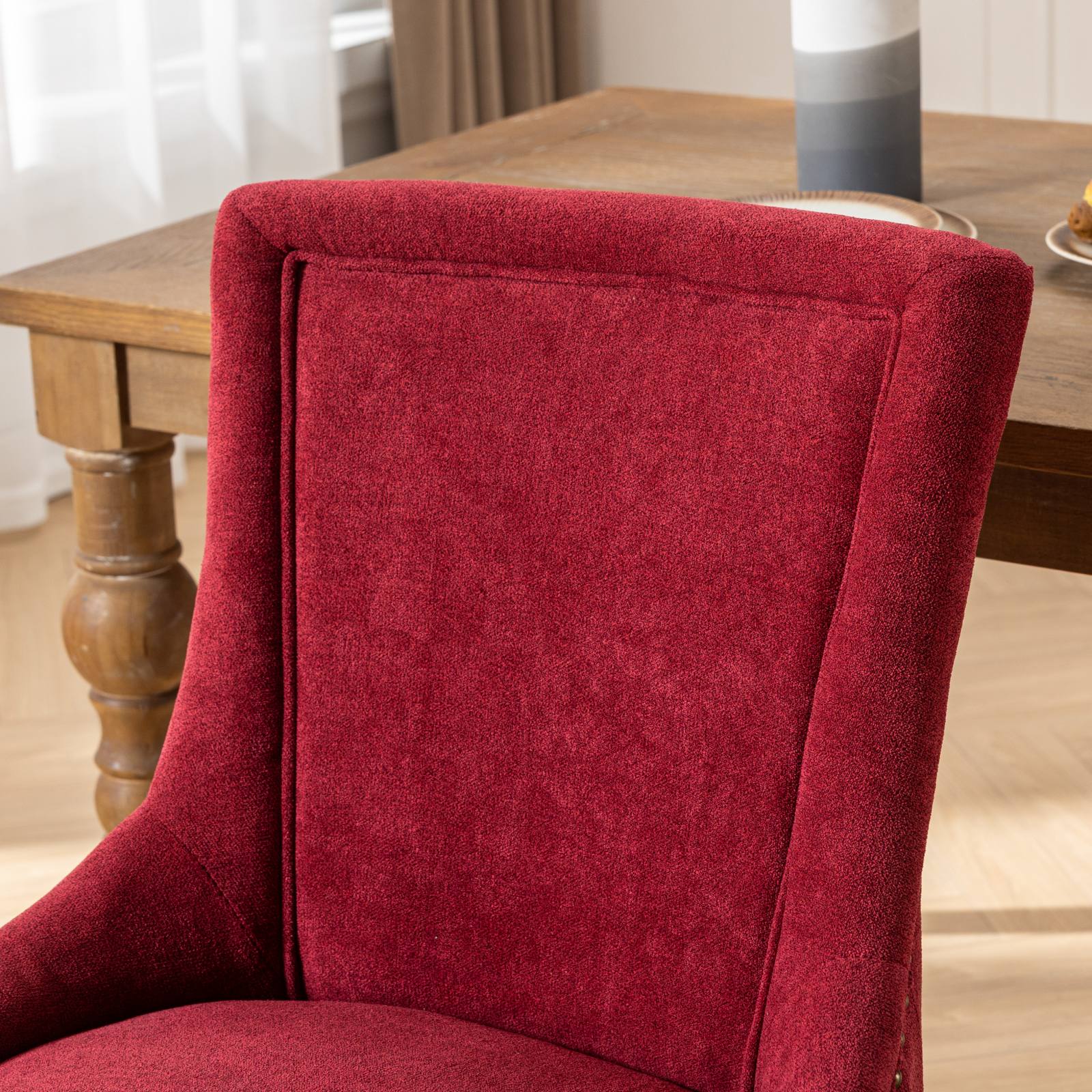 A&A Furniture,Ultra Side Dining Chair,Thickened fabric chairs with neutrally toned solid wood legs,Bronze nail head,Set of 2,Wine Red,Burgundy,SW1807WR