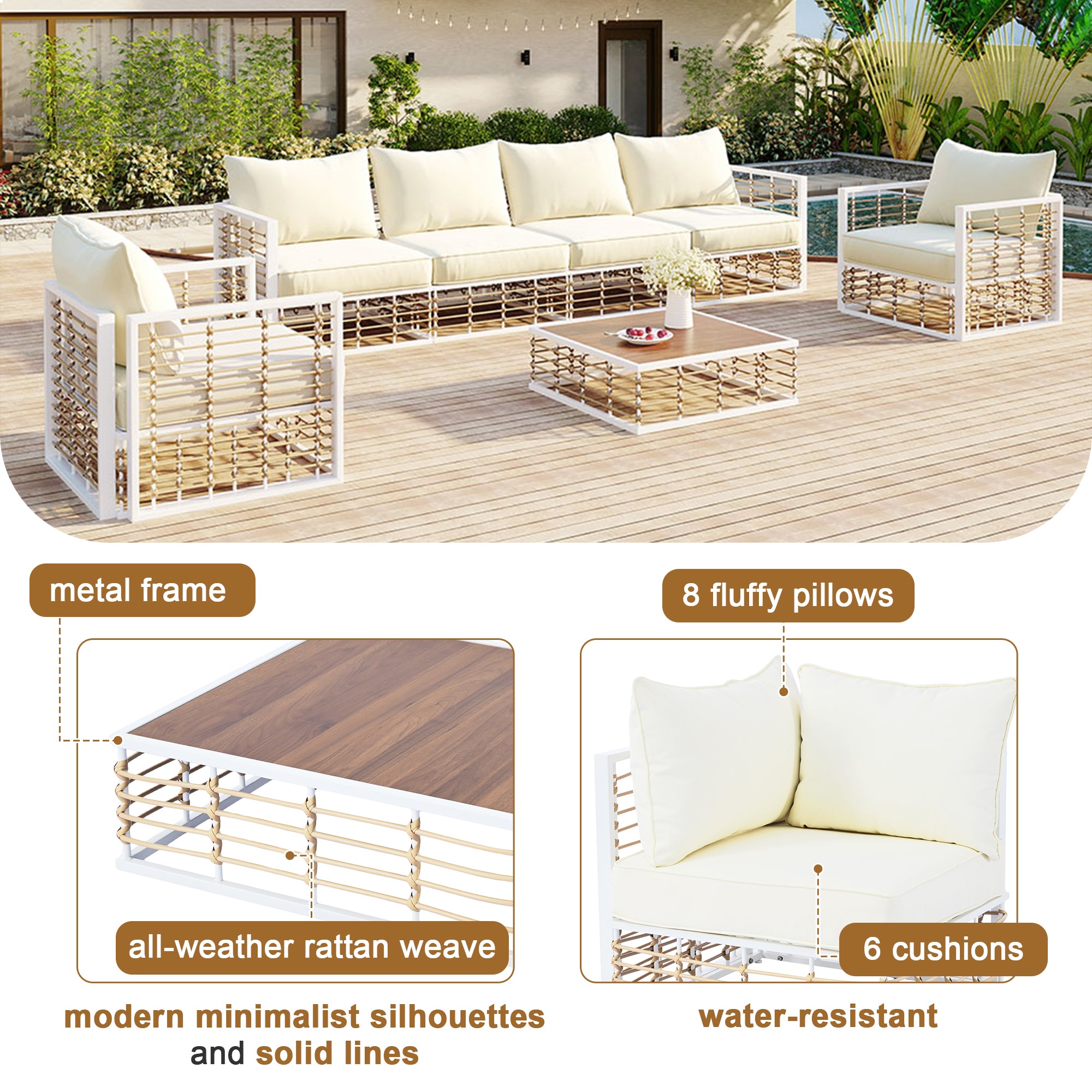 Modern Minimalist 7-Piece Metal All-Weather Conversational Furniture Set with Thick Cushions and Coffee Table