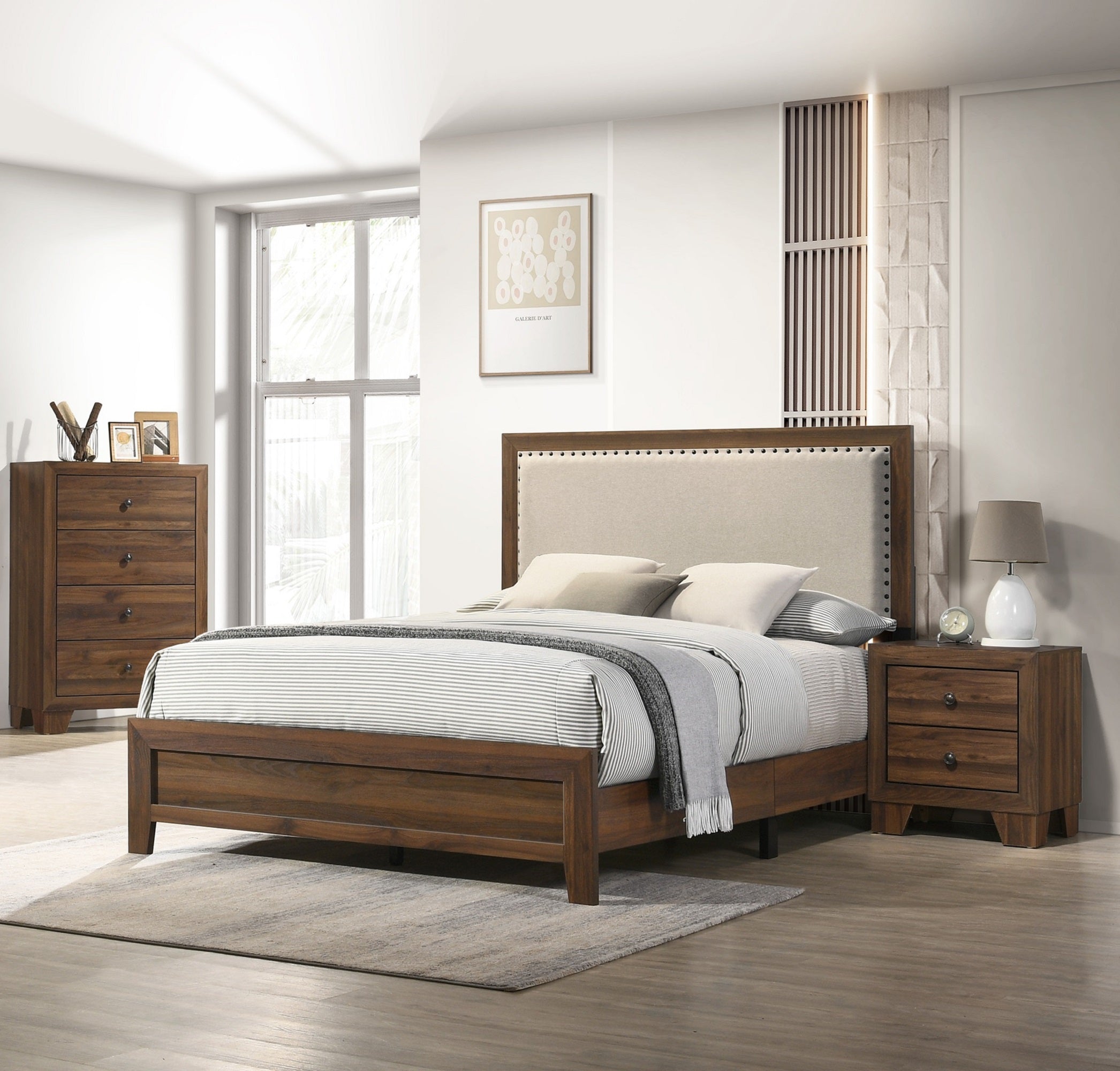 Wood Bed with Tufted Upholstered Headboard