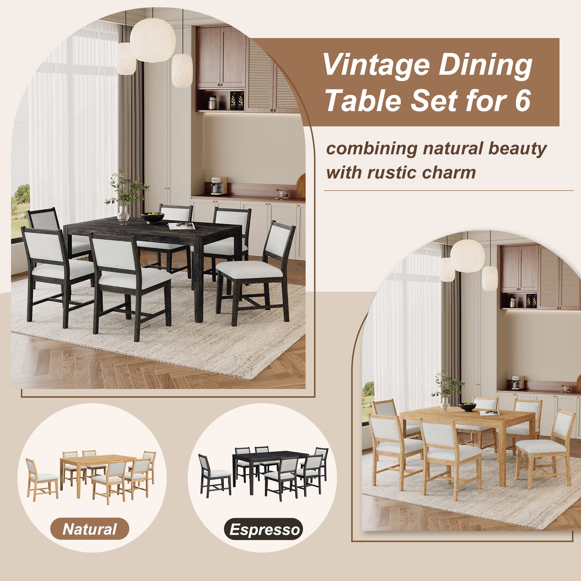 7-Piece Retro Dining Table Set with 6 Upholstered Chairs