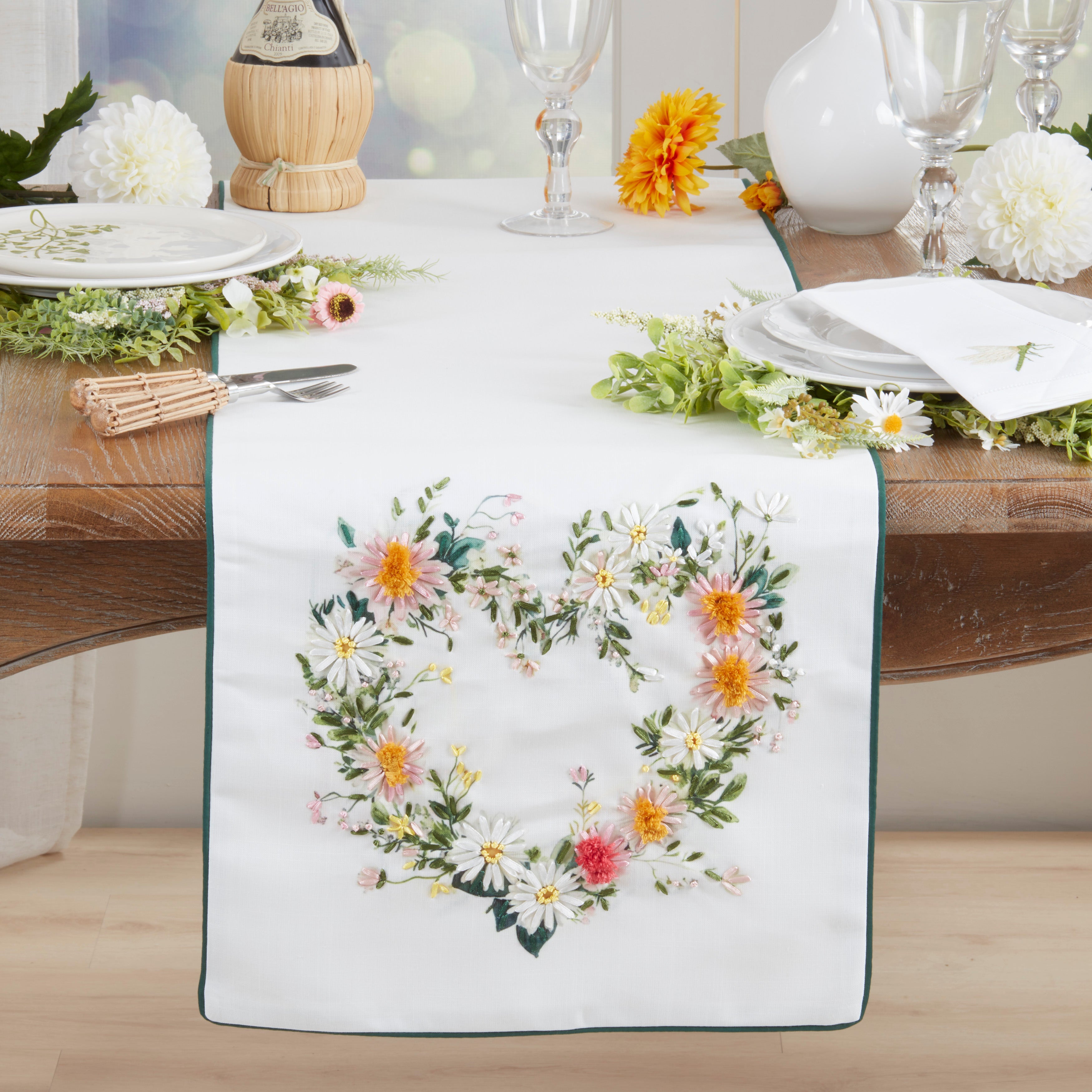 Floral Heart Embroidered Table Runner