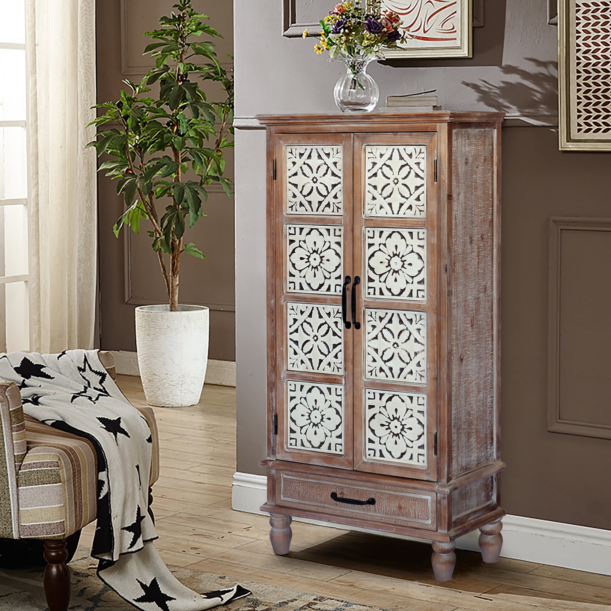 Tall Tower Storage Cabinet with 2 Doors and Drawer