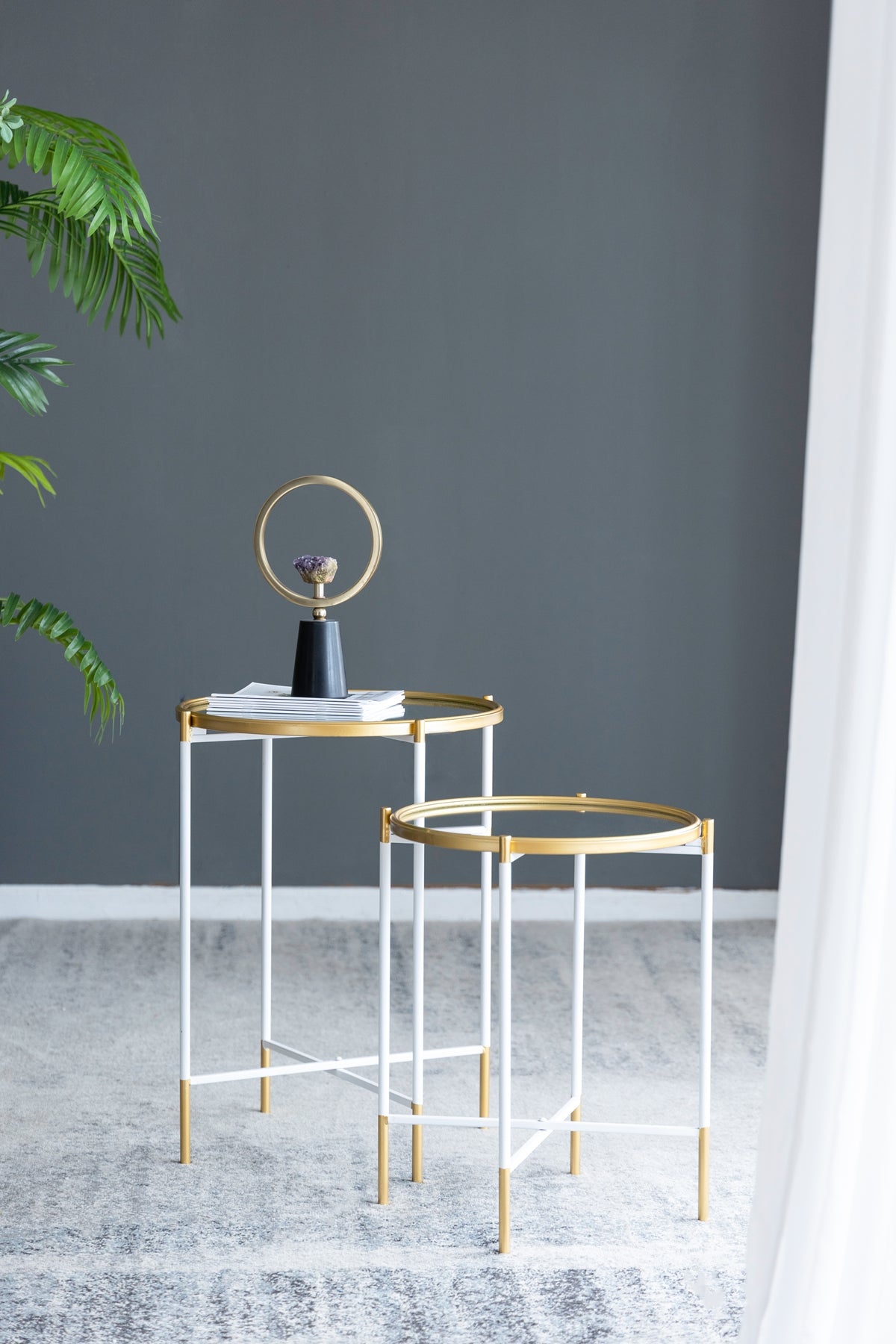 Set of 2 Mirrored Top Side Tables - Gold and White
