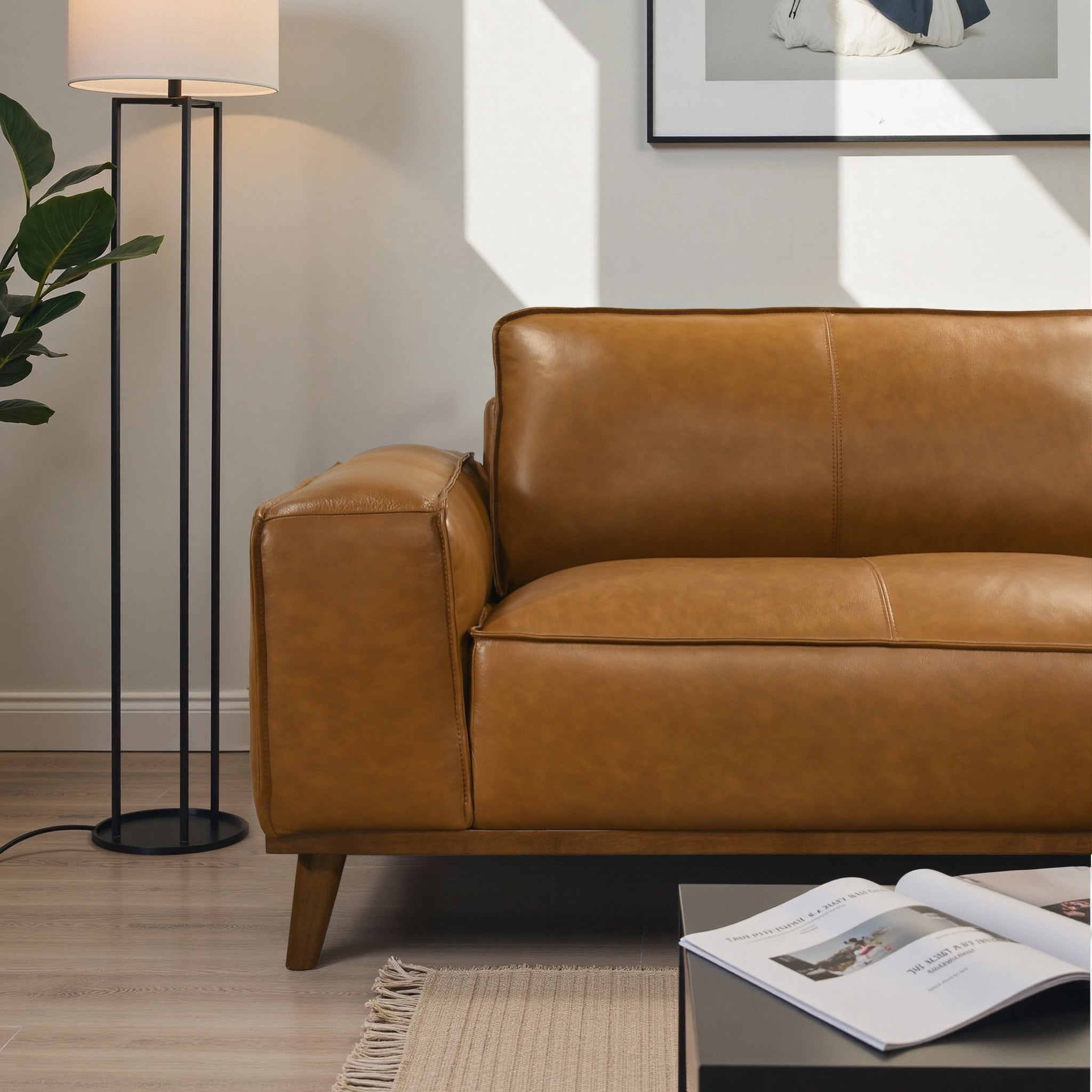 Kerrville Mid-Century Modern Genuine Top Grain Leather Right Sectional Sofa with Chaise