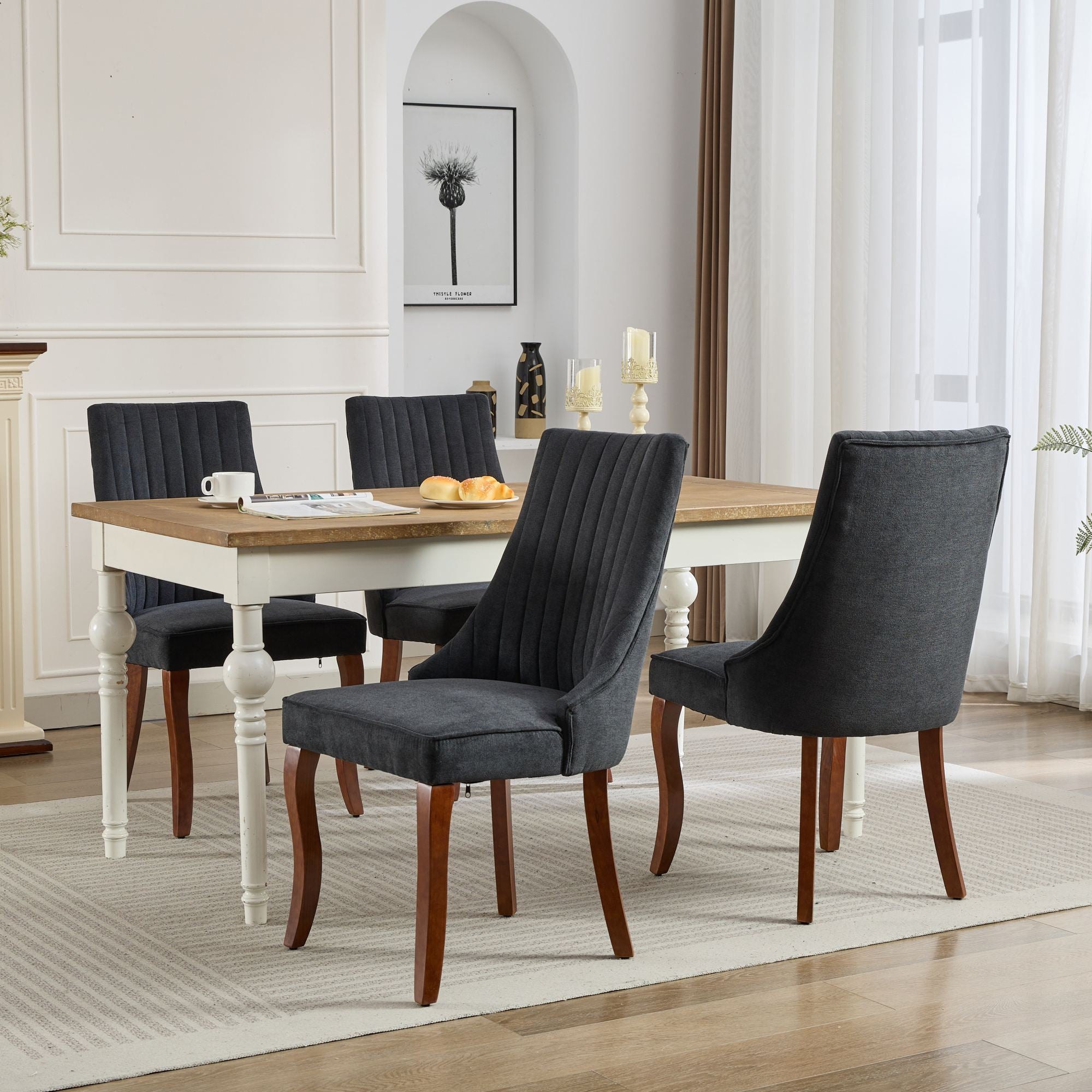 Rayon Cloth Flocking Linen Dining Chairs Channel Kitchen Dinner Chair Comfy Fabric Upholstered Accent Chair for Dining Room with Curved Solid Wood Legs,Set of 2 (Black), SW1847BK