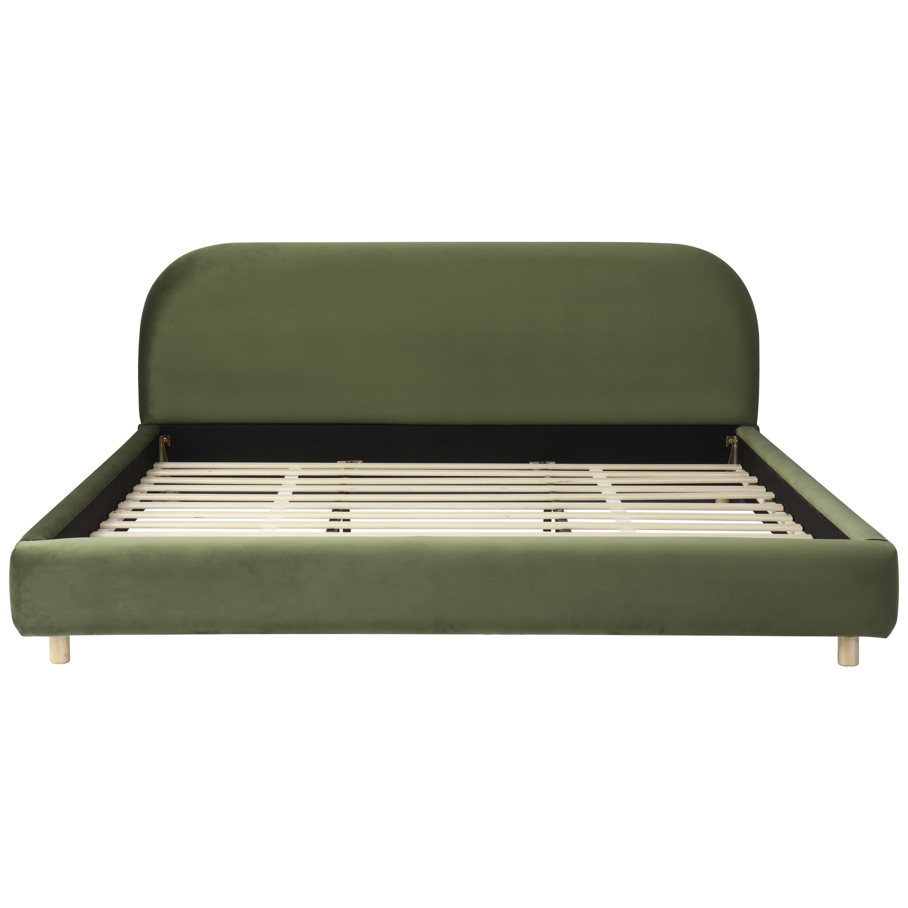 Olive Green Velvet Upholstered Platform Bed with Curve-Shaped Design Headboard