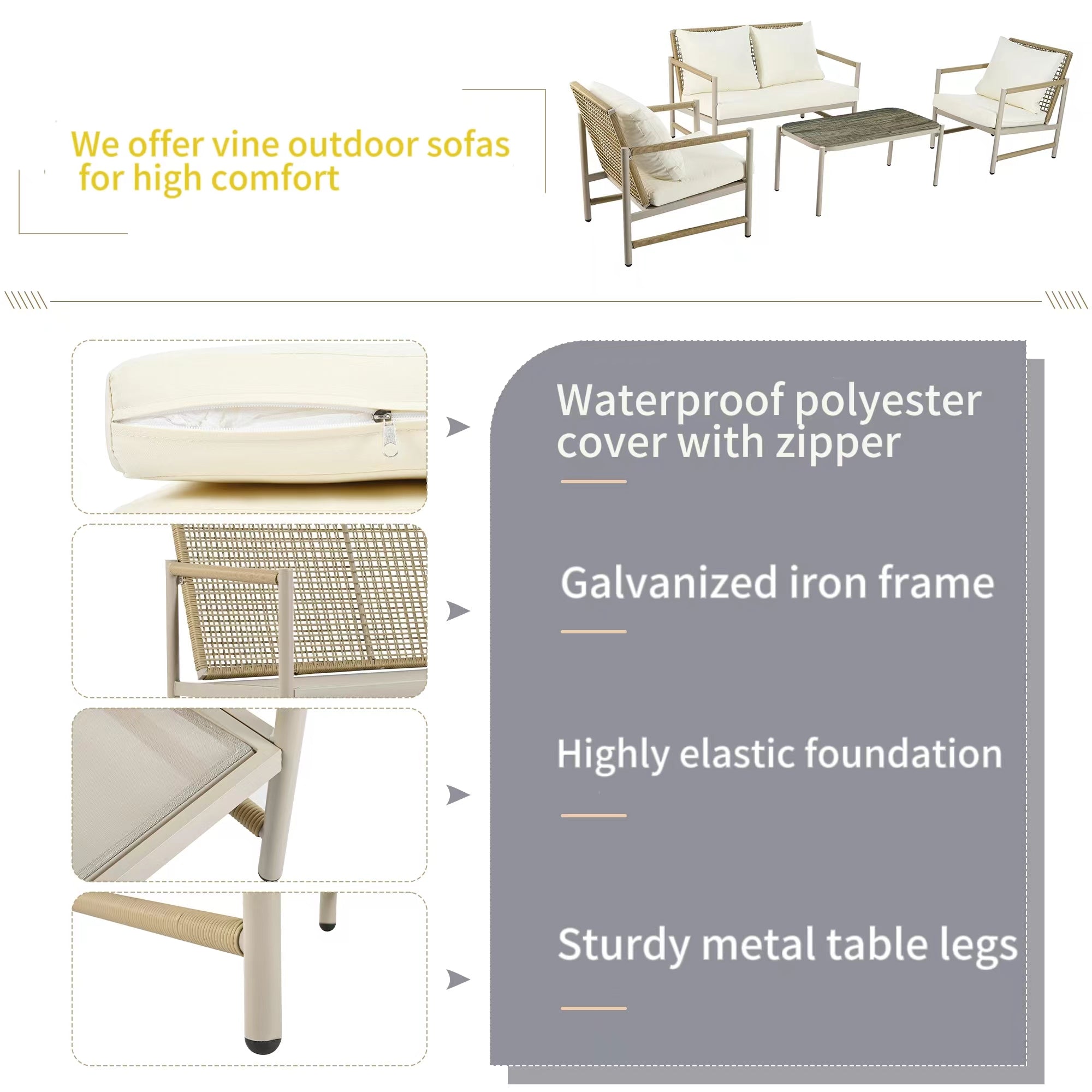 4-Piece PE Rattan Patio Set with Glass Tabletop, Loveseat and 2 Single Sofas