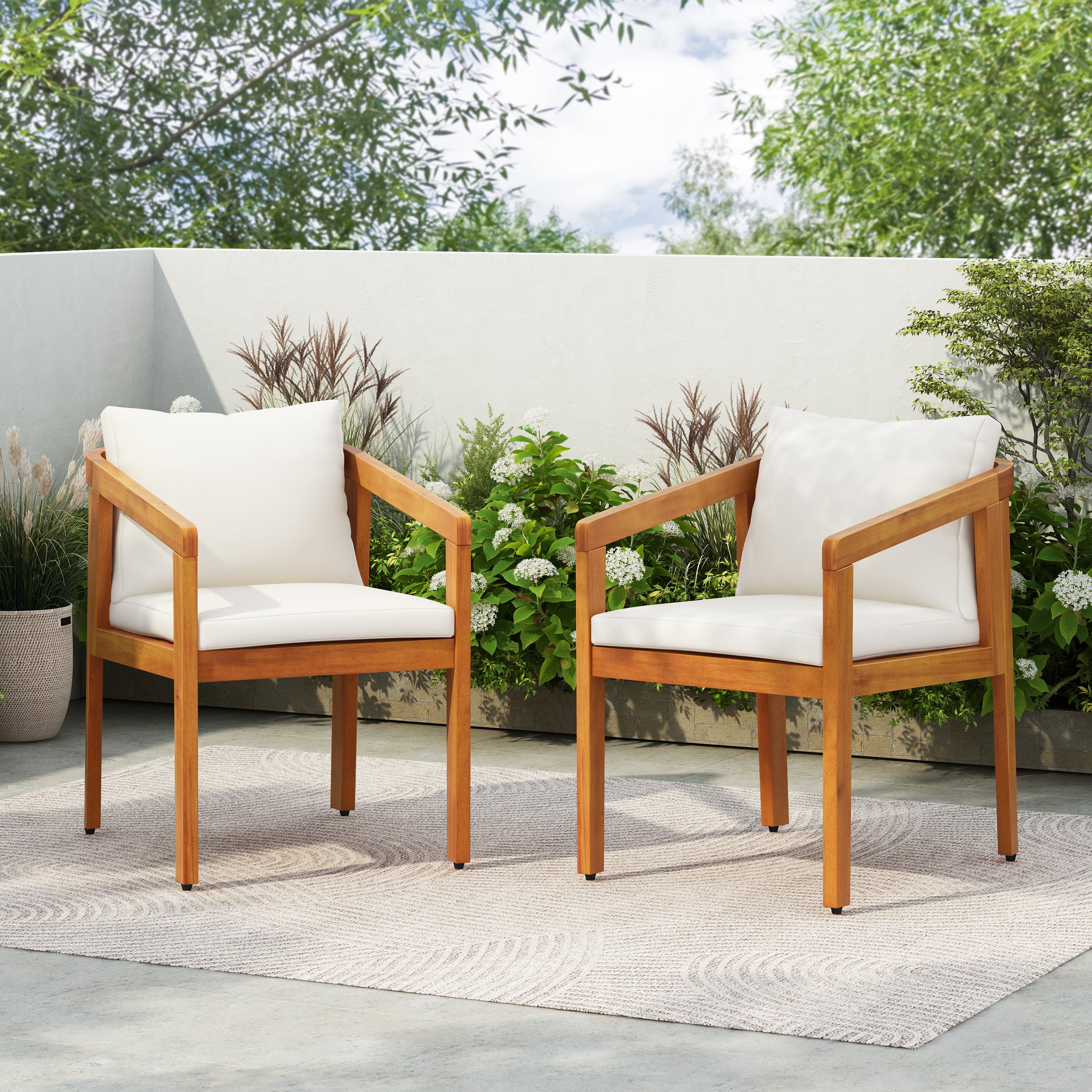 Acacia Wood Outdoor Dining Chair with Cushion, Set of 2