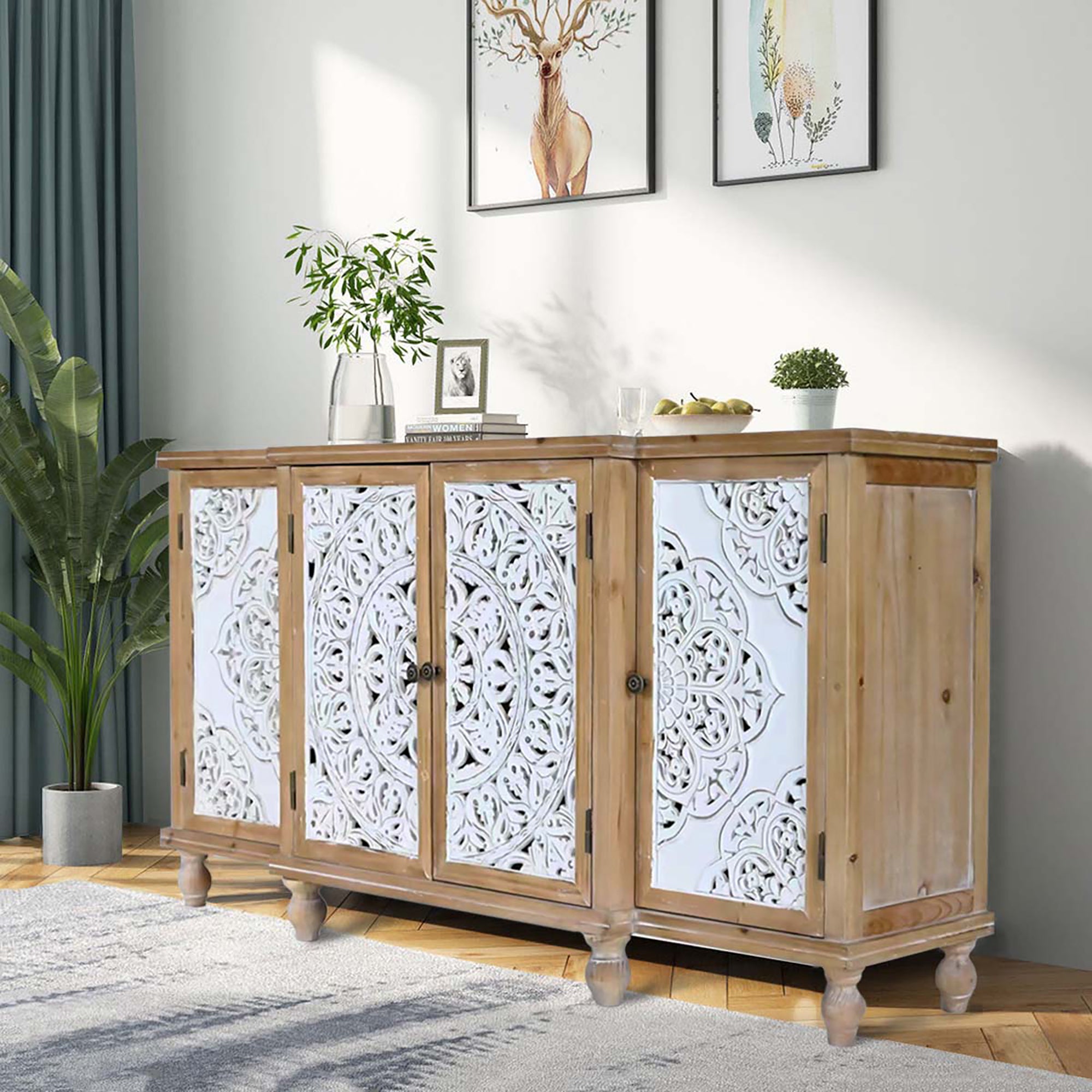 4-Door Hollow-Carved Accent Cabinet with Adjustable Shelves