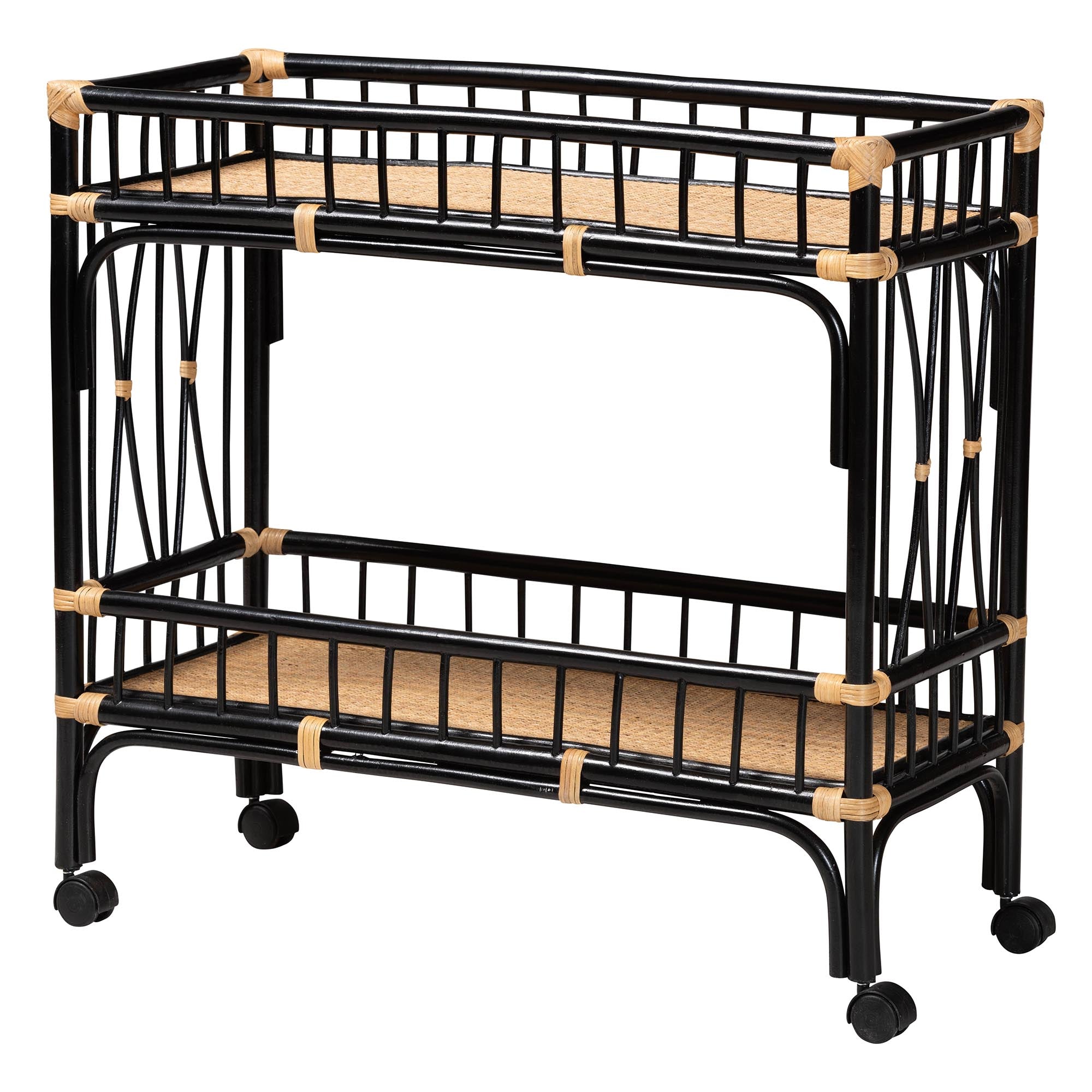 Bohemian Two-Tone Black and Natural Brown Rattan 2-Tier Bar Cart