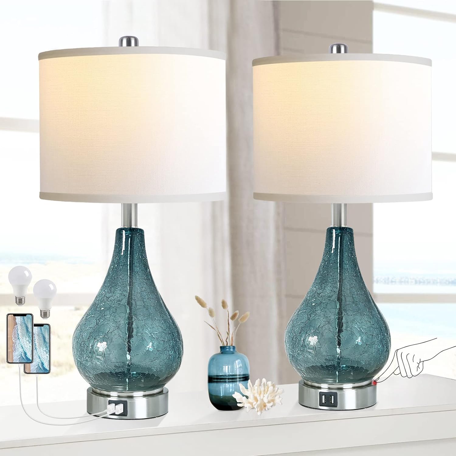 Glass Table Lamp with LED Light and Touch Control, Set of 2