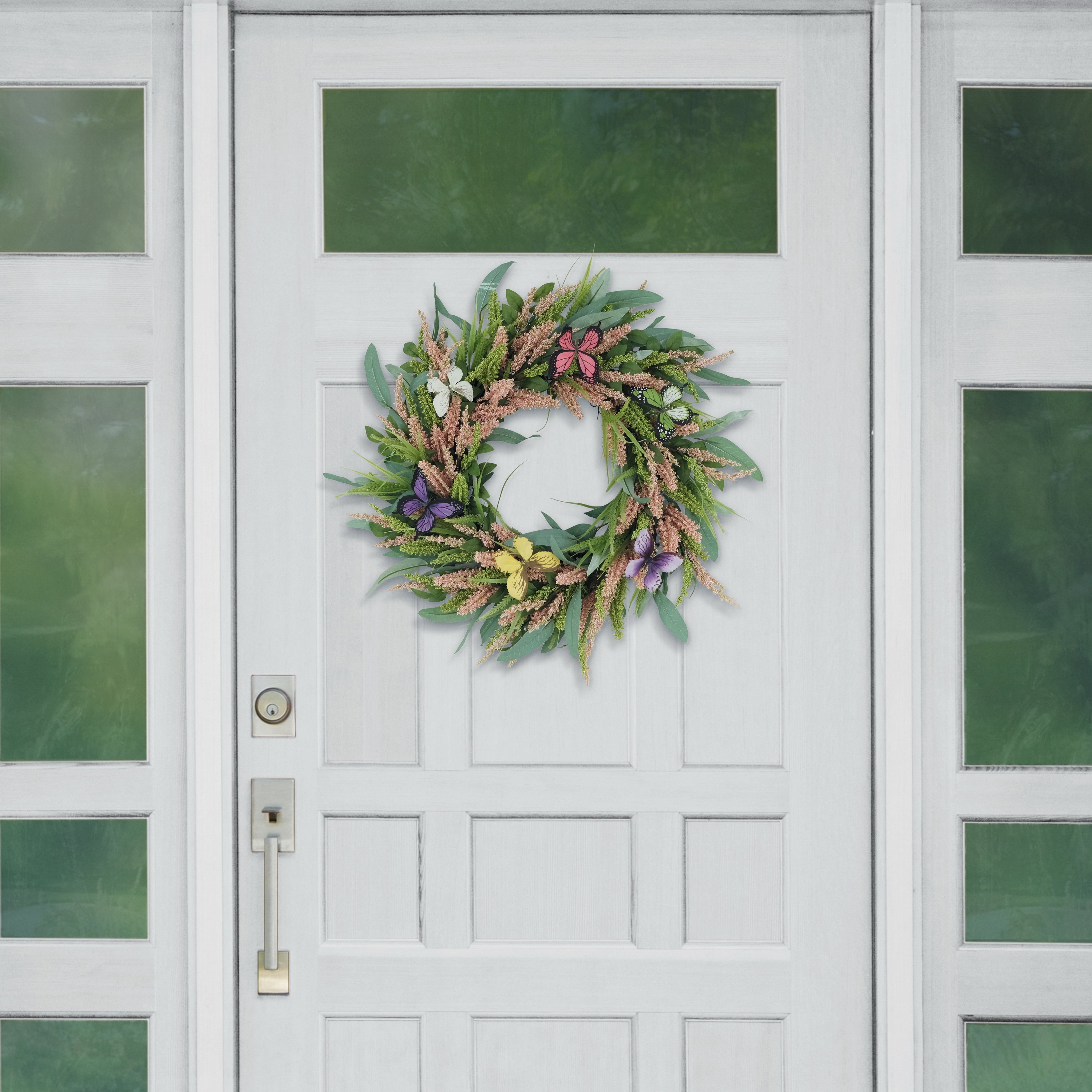 24" Artificial Salix Leaf With Butterfly Floral Spring Wreath