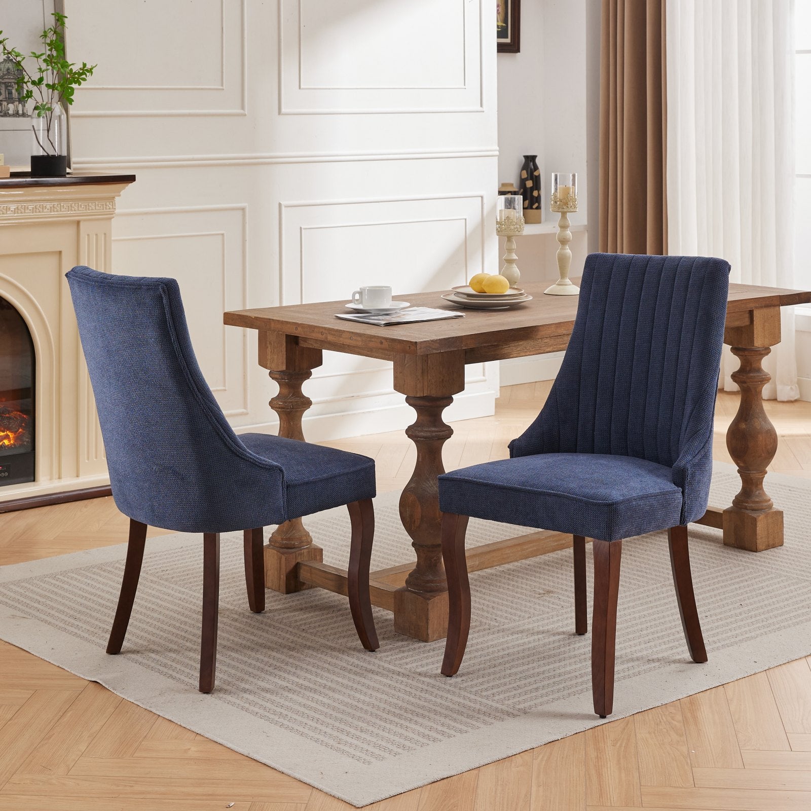 Rayon Cloth Flocking Linen Dining Chairs Channel Kitchen Dinner Chair Comfy Fabric Upholstered Accent Chair for Dining Room with Curved Solid Wood Legs,Set of 2 (Blue), SW1847BL