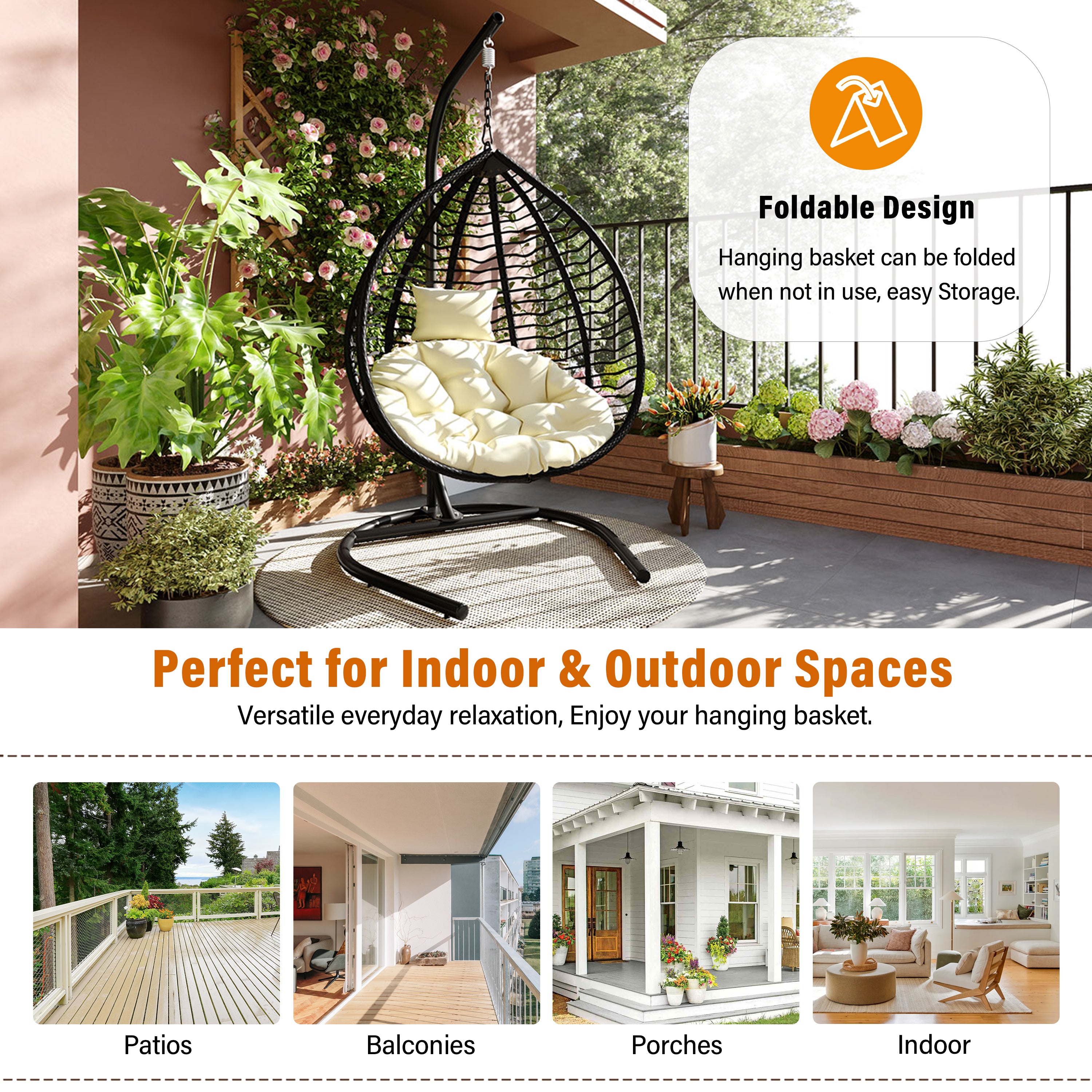 Foldable Rattan Egg Swing Chair with Iron Frame, Plush Cushion & Removable Headrest