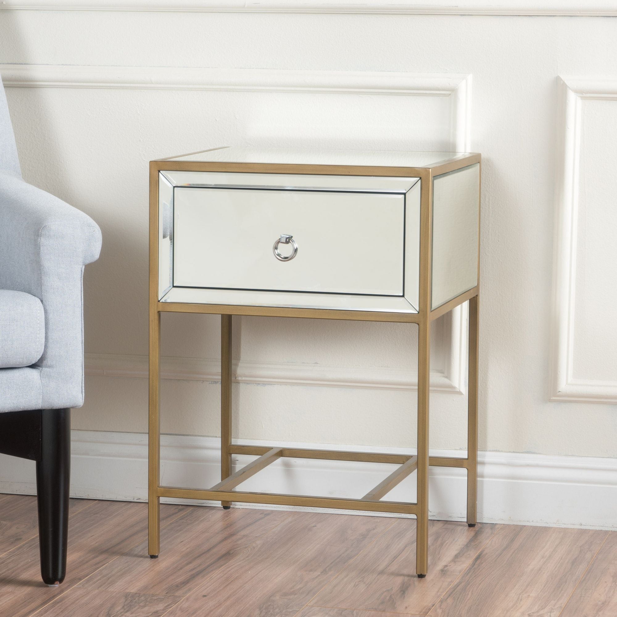 Mirror Side Table with Drawer and Metal Frame