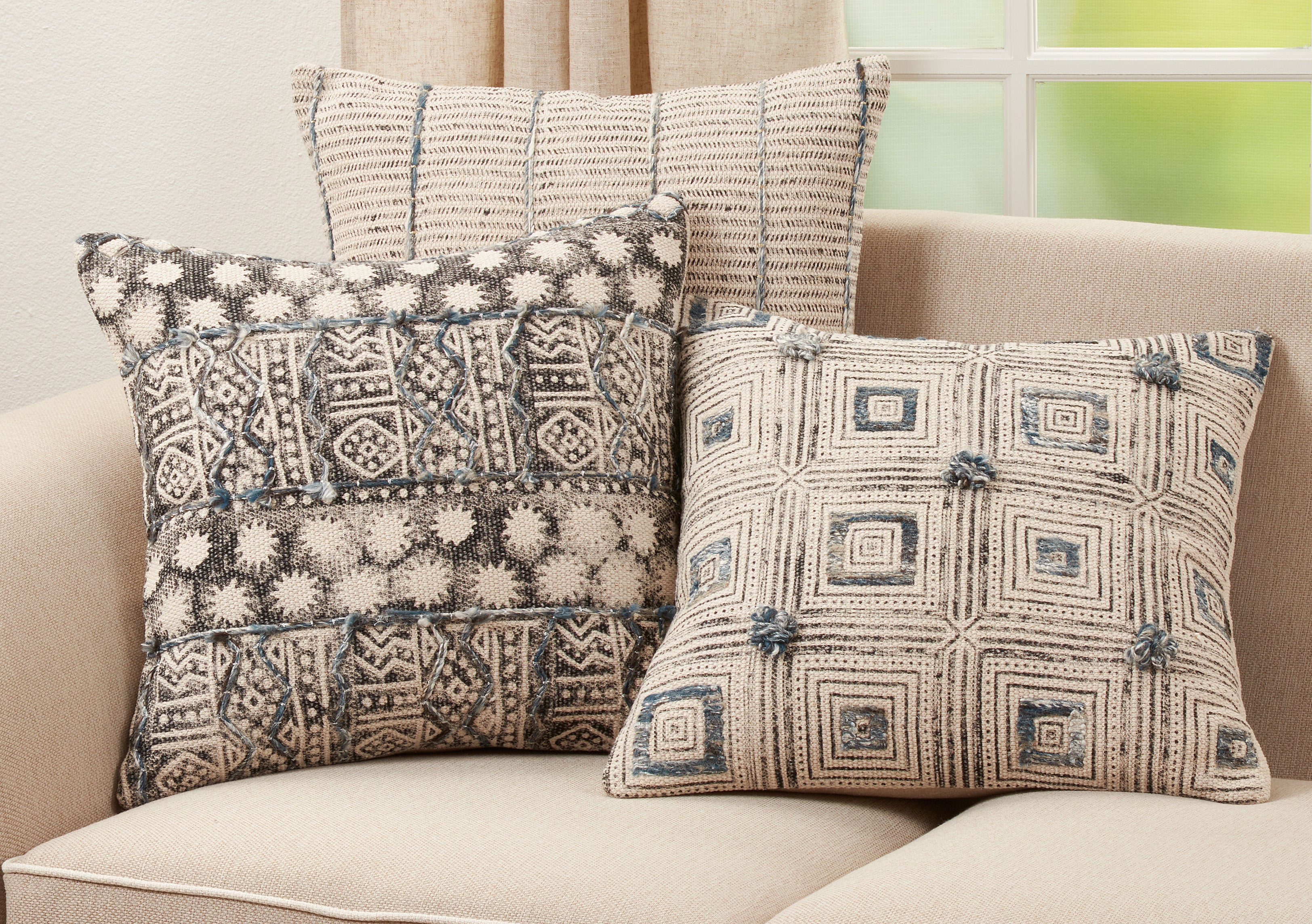 Squares Embroidered Poly Filled Throw Pillow