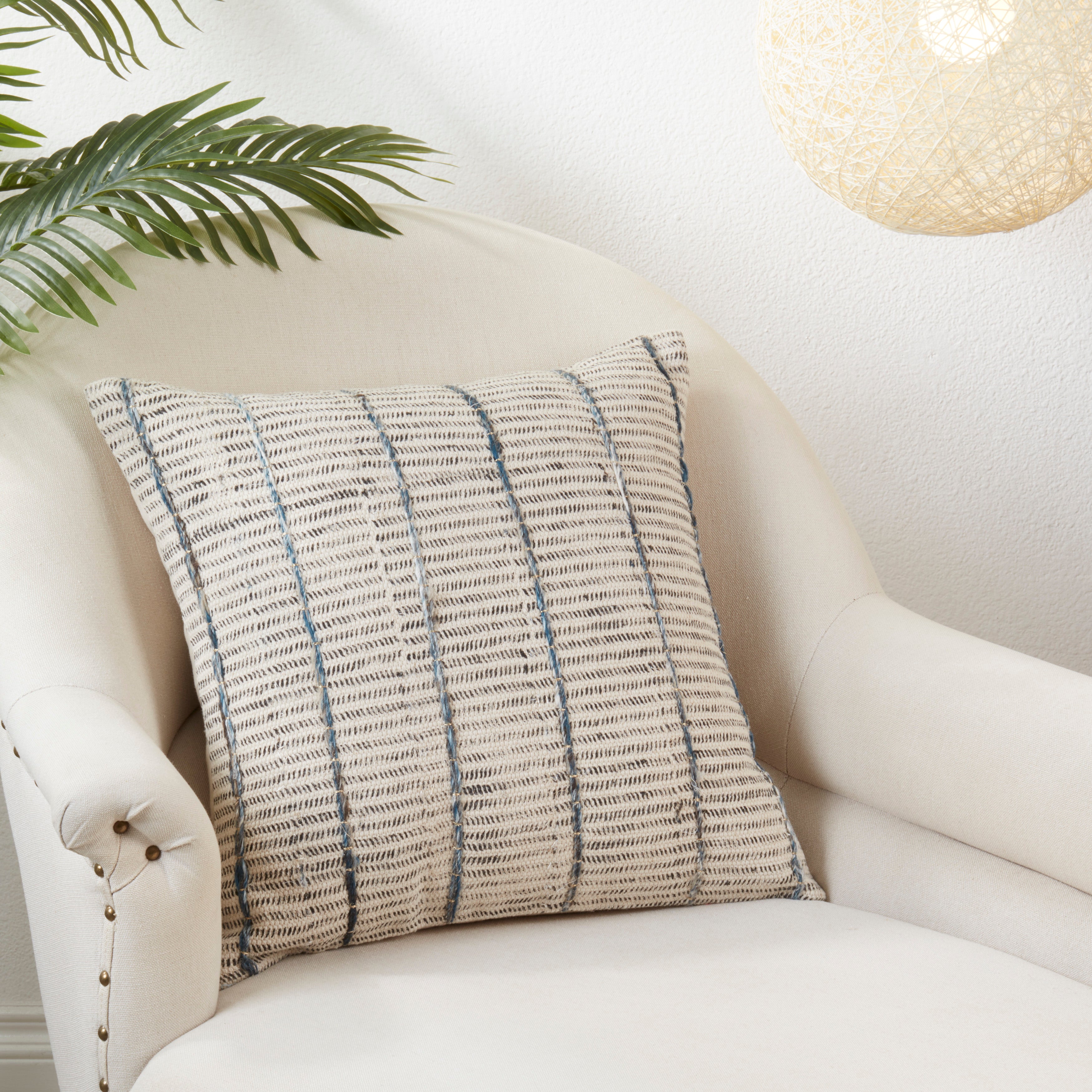 Stripe Embroidered Block Print Poly Filled Throw Pillow