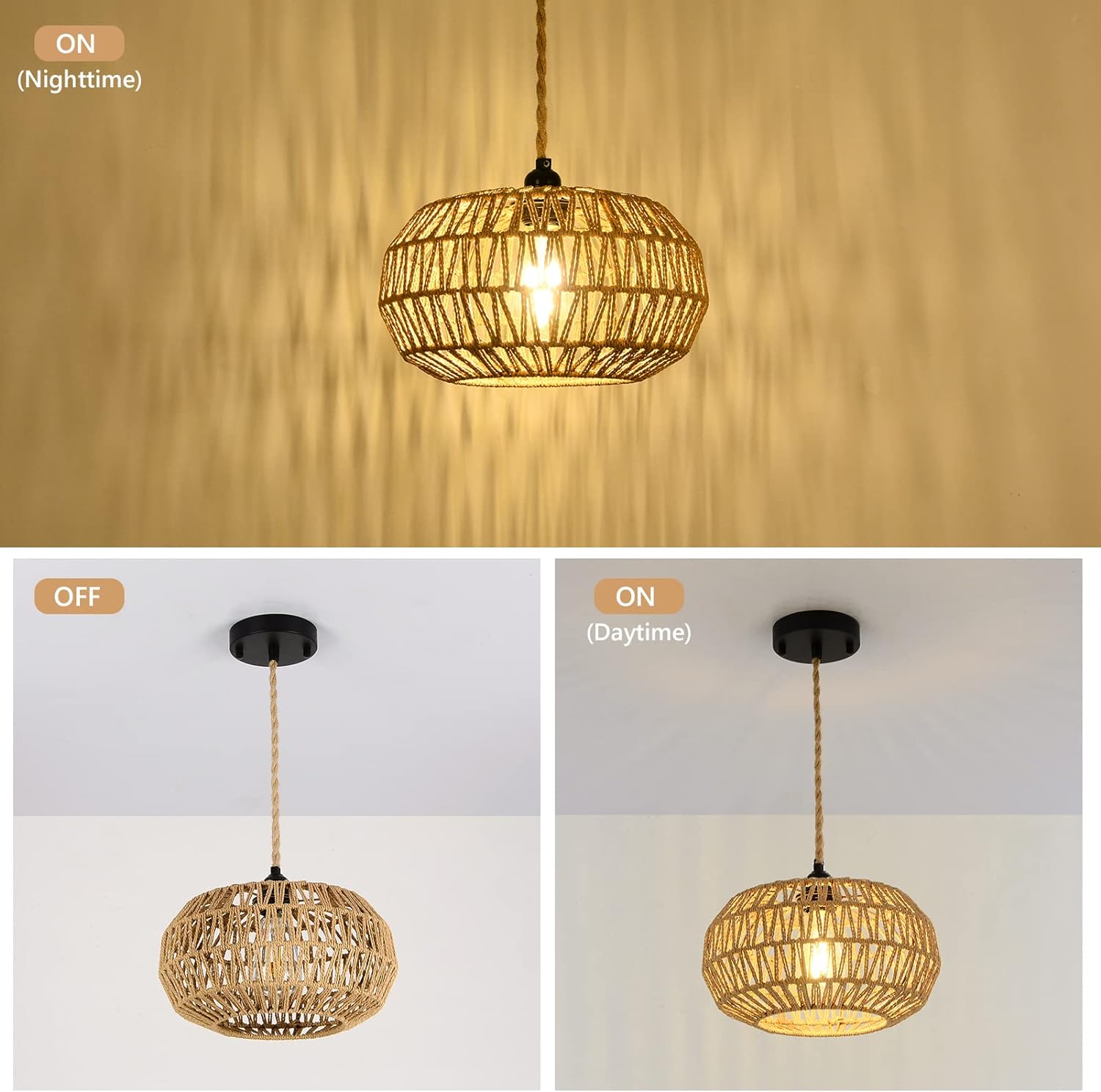 Pendant Light with Rope Cage Basket and Adjustable Height