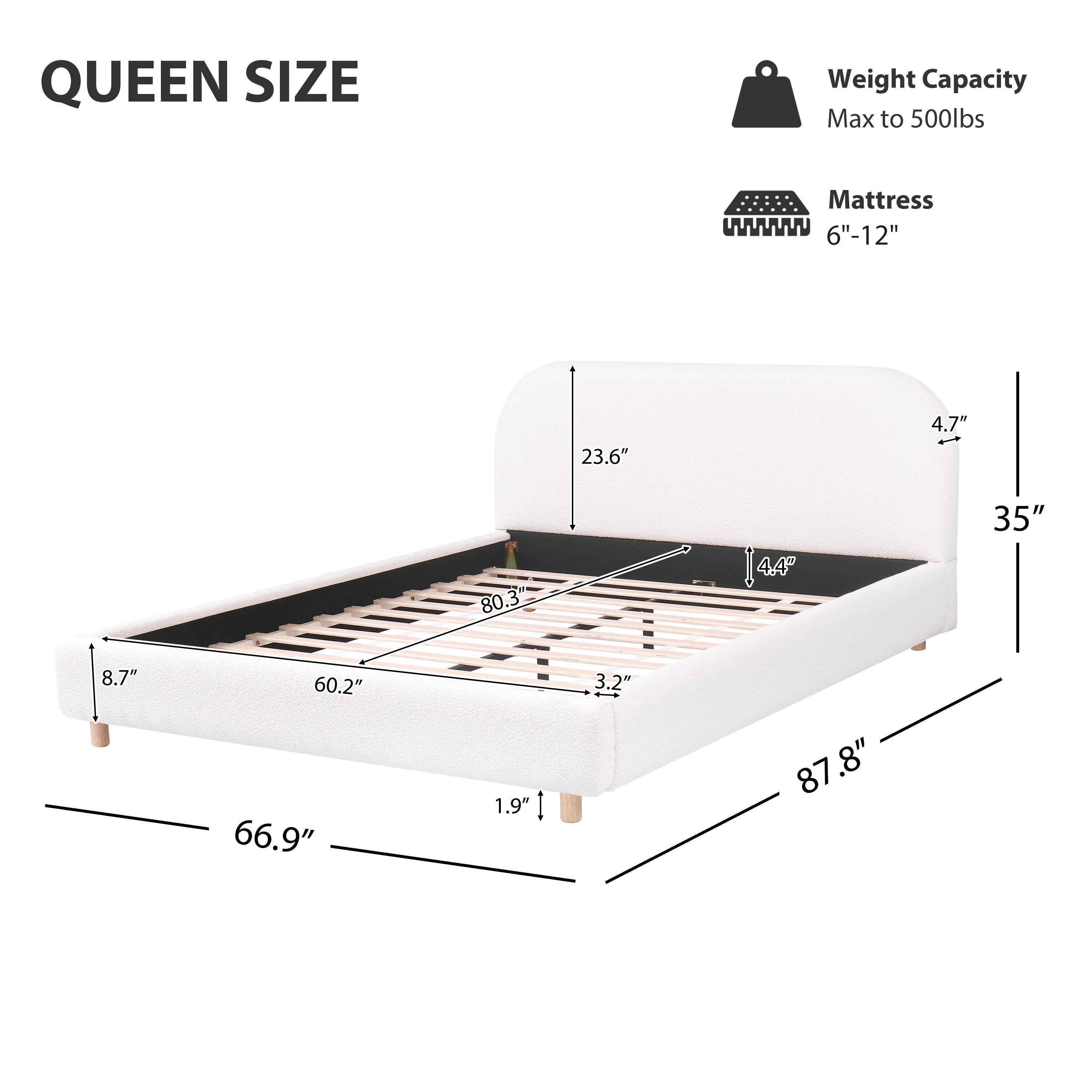 Boucle Fabric Upholstered Platform Bed with Curve-Shaped Design Headboard