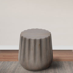 22 Inch Side End Table, Mango Wood Drum Shape with Handcrafted Grooved Edges, Gray - End Tables