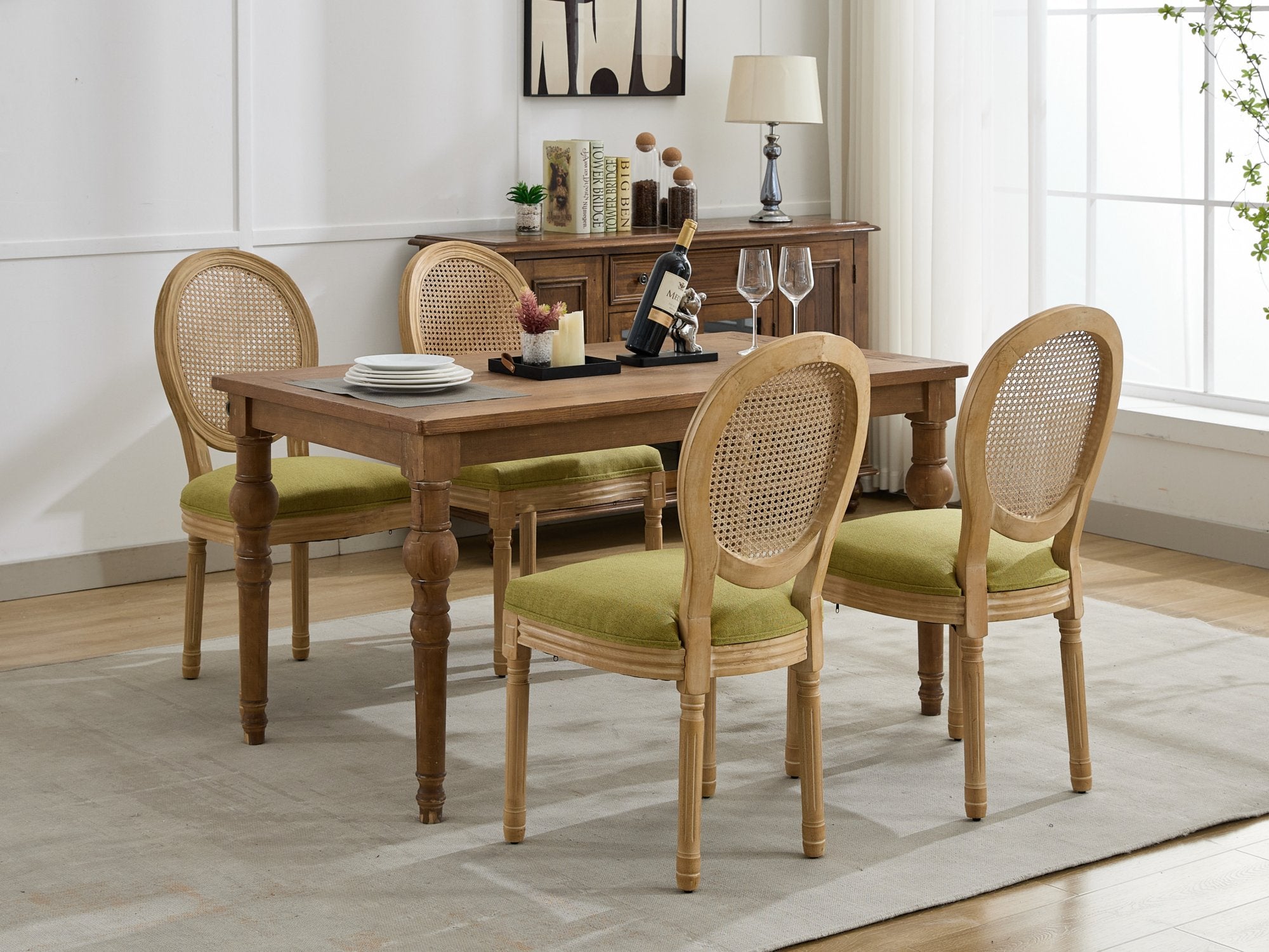 French Country Dining Chairs with Round Rattan Backrest, Set of 2