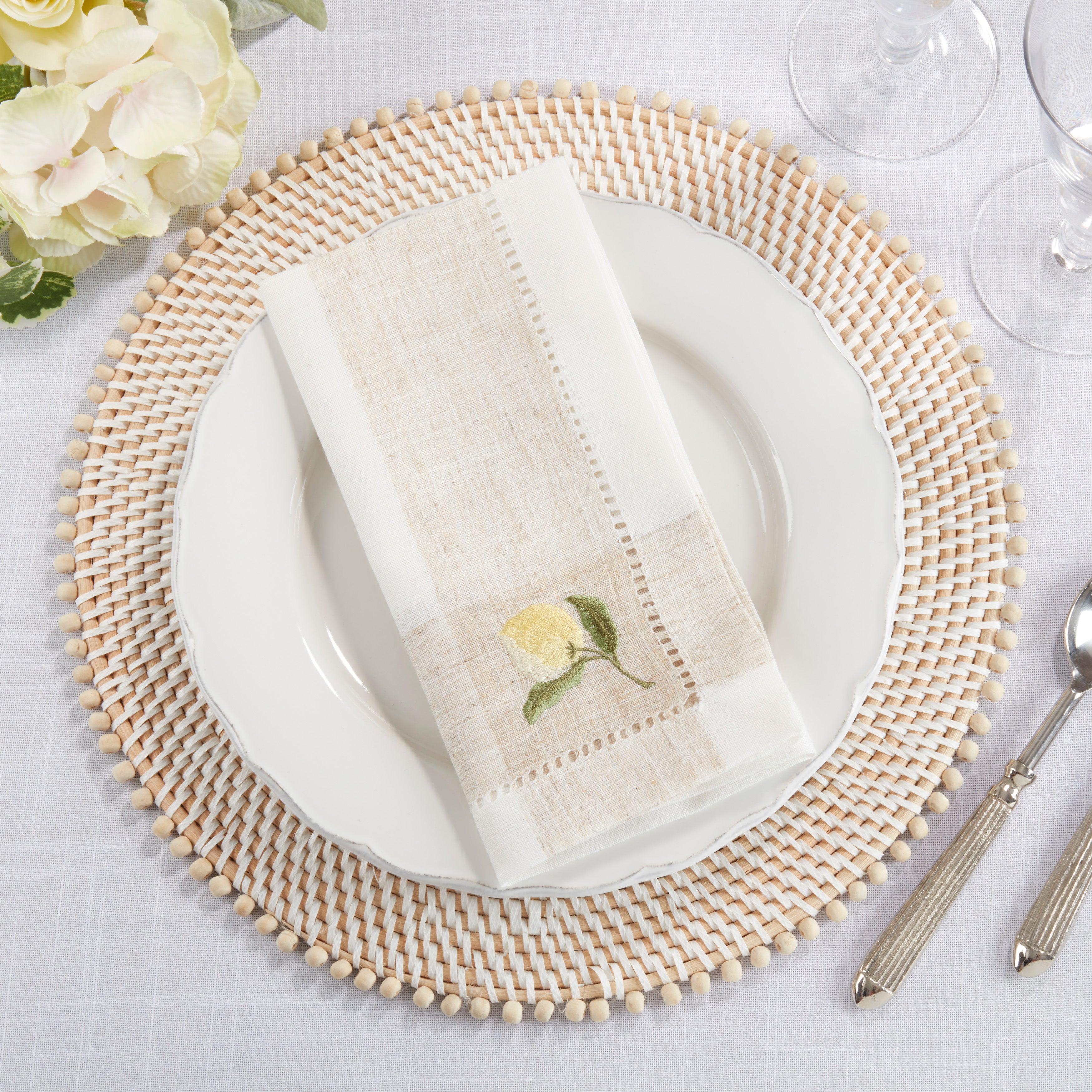 Embroidered Lemon Hemstitch Napkin, Set of 4