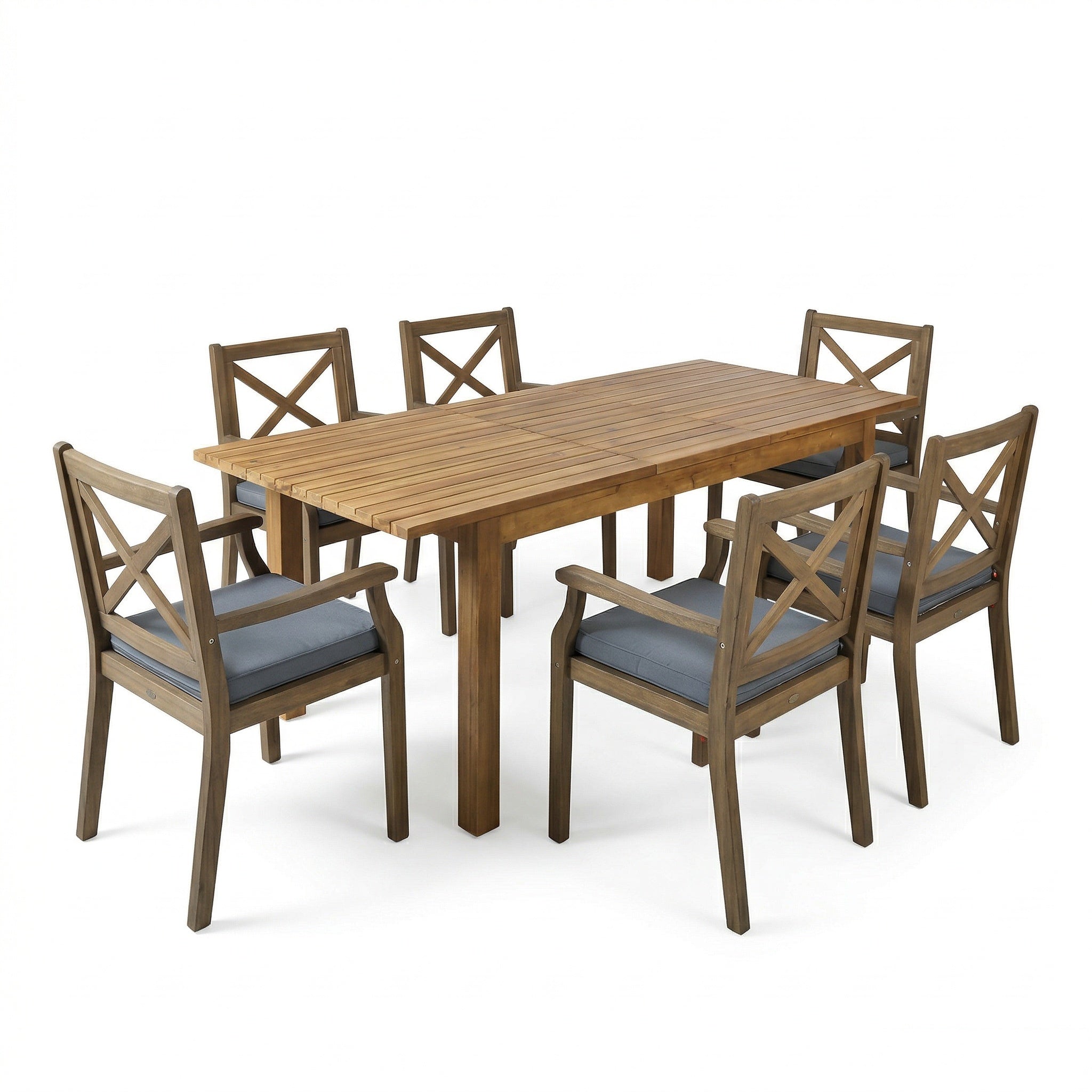 7 Pieces Acacia Wood Outdoor Dining Set with Dark Grey Cushions,Modern 6 Chairs  1 Large Table,Dining Furniture Set for Lawn, Backyard, Garden Deck,Poolside,Grey