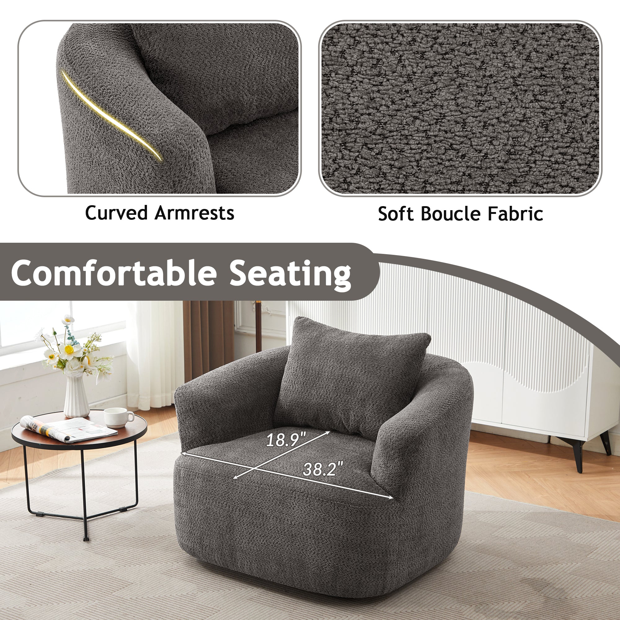 360° Swivel Barrel Chenille Upholstered Accent Chair with Throw Pillow