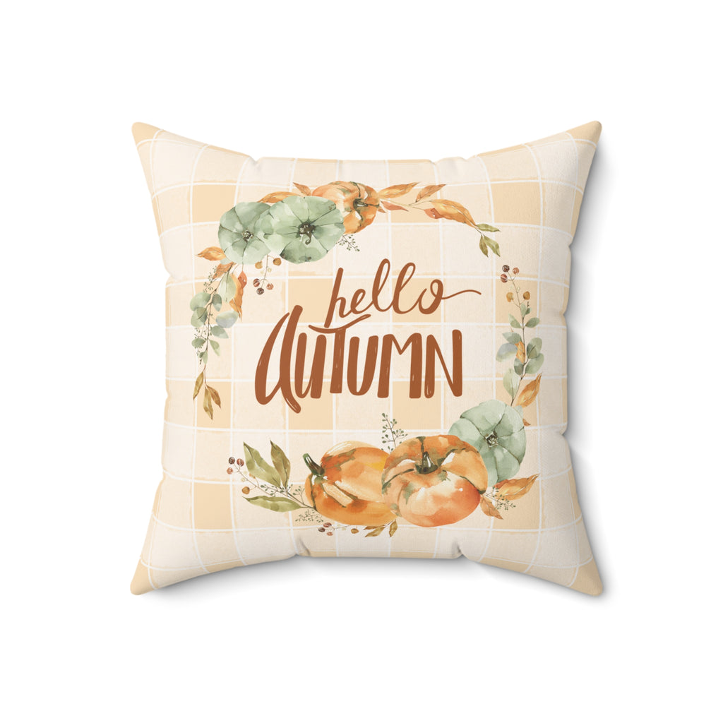 Hello Autumn Farmhouse Pumpkin Gingham Decorative Throw Pillow