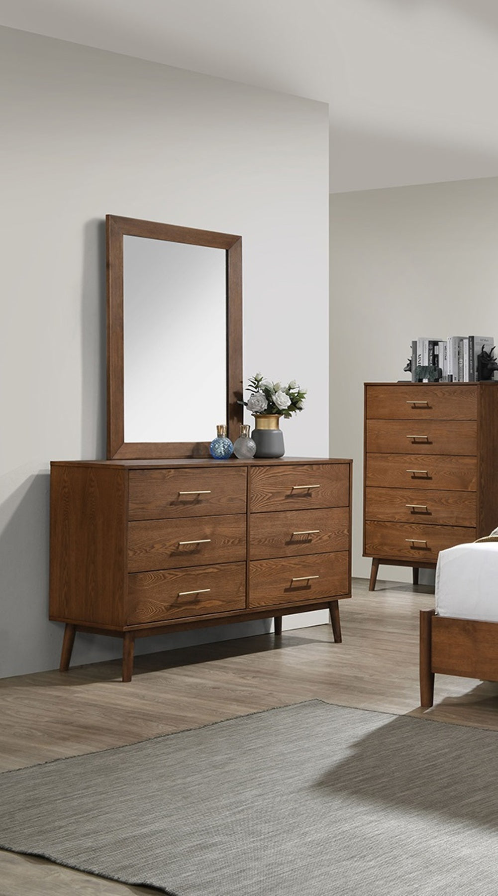 Walnut Dresser with Nickle Bar Pullsand Round Tapered Legs