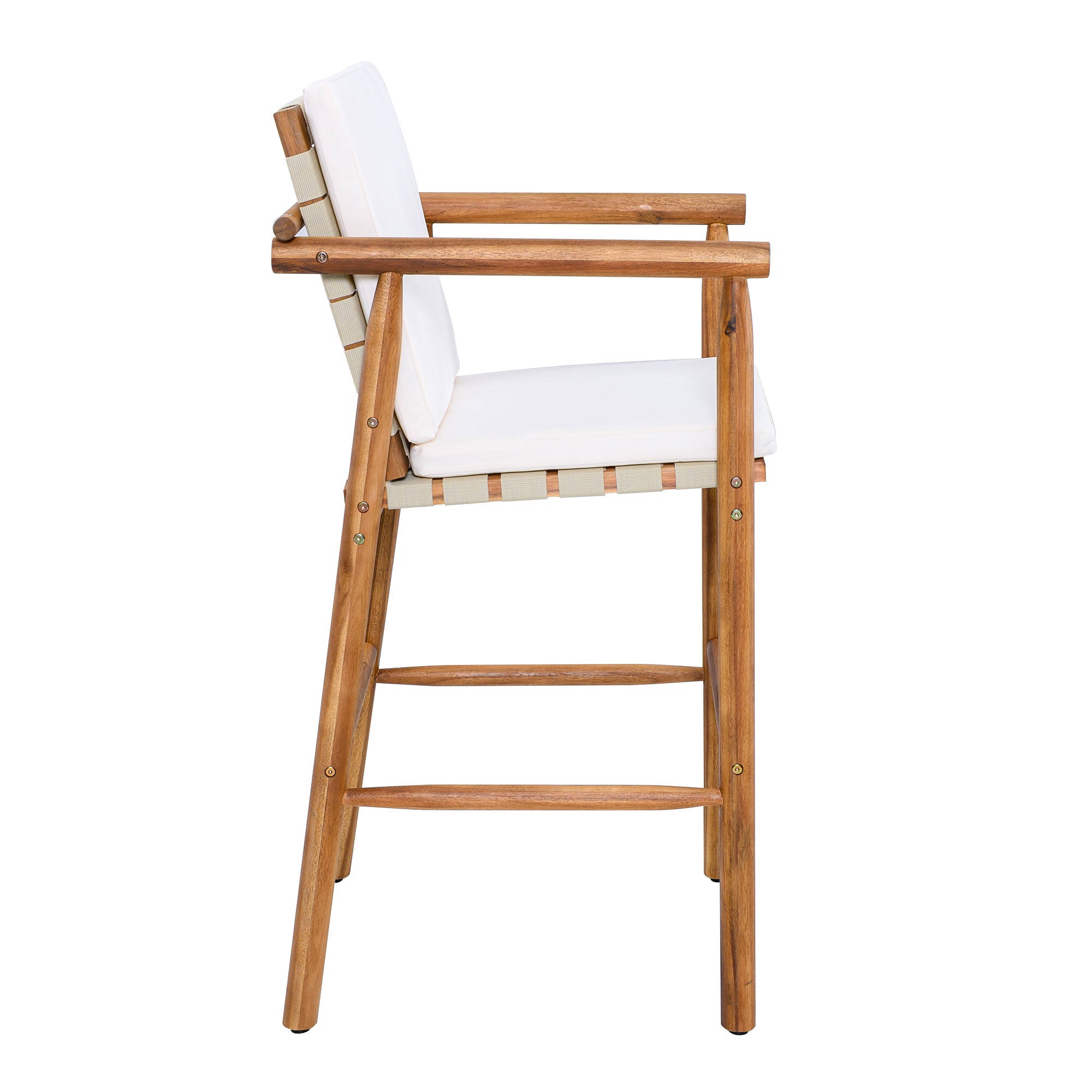 Modern Outdoor Patio Acacia Wooden Counter Height Bar Stools with Backrest Arm and Webbing Seat with Cushions, Set of 2