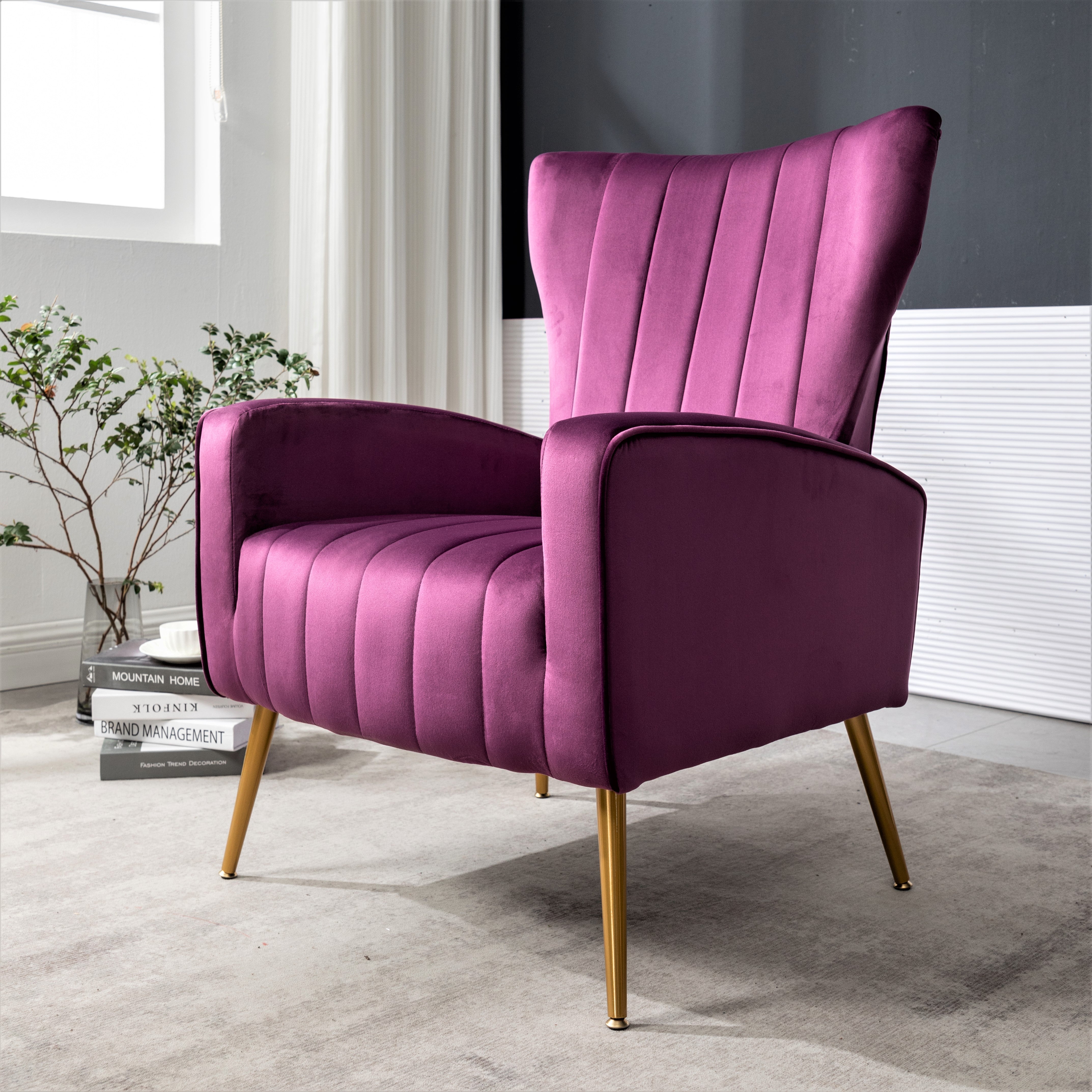 Velvet Accent Chair with Metal Legs, Modern Upholstered Armchair, Wingback Side Chair for Living Room Bedroom Small Spaces