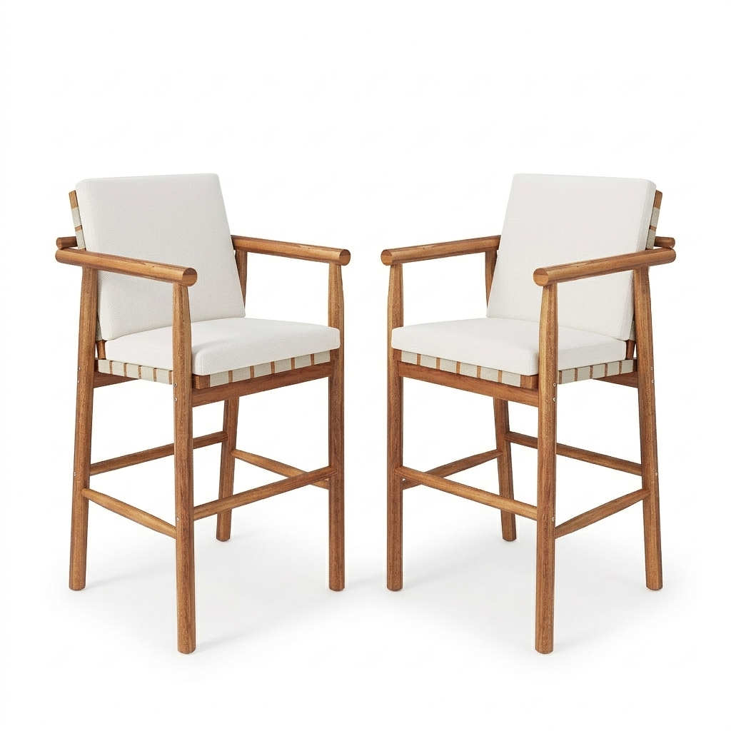 Modern Outdoor Patio Acacia Wooden Counter Height Bar Stools with Backrest Arm and Webbing Seat with Cushions, Set of 2