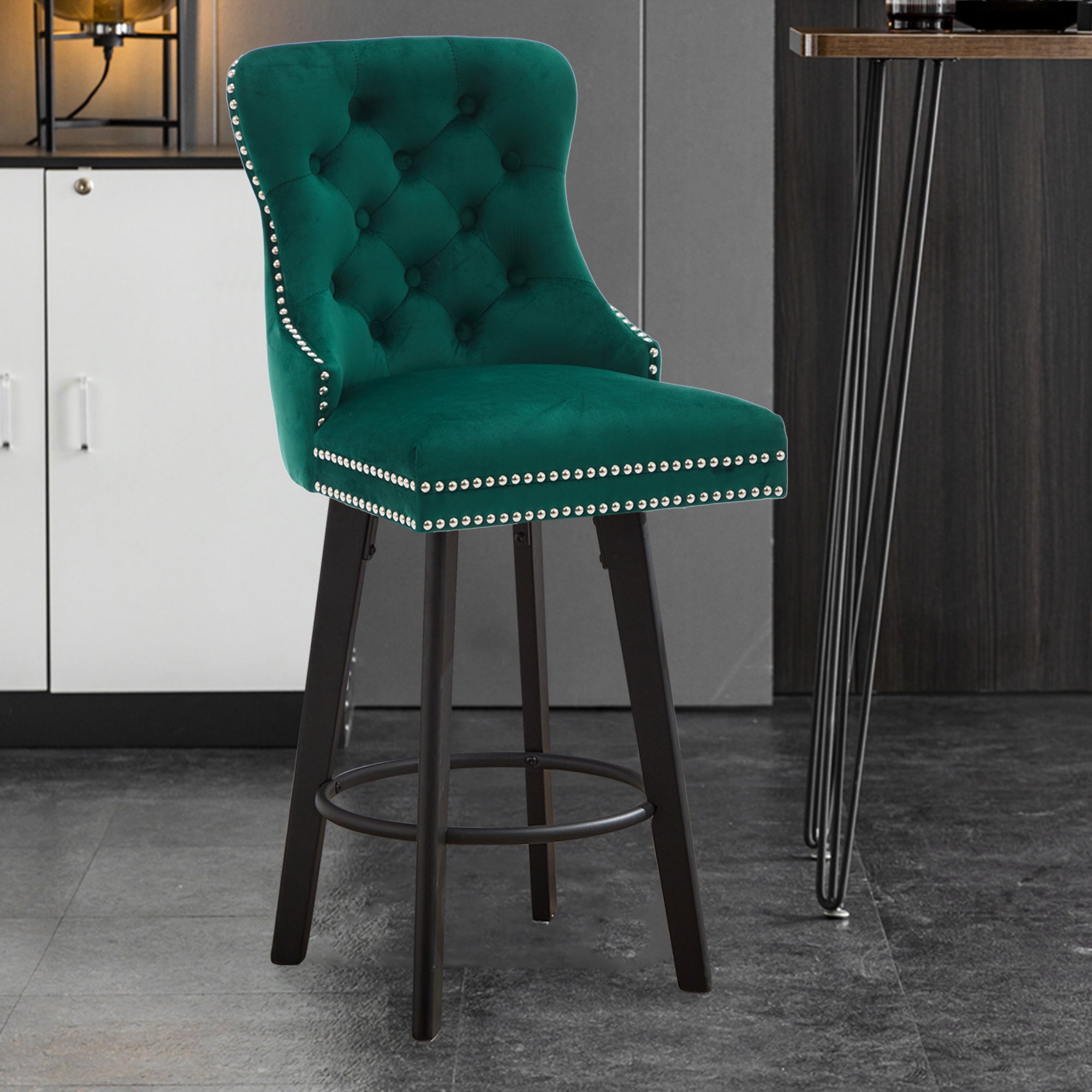 Modern Velvet Button Tufted Swivel Bar Stool with Metal Pull Ring
