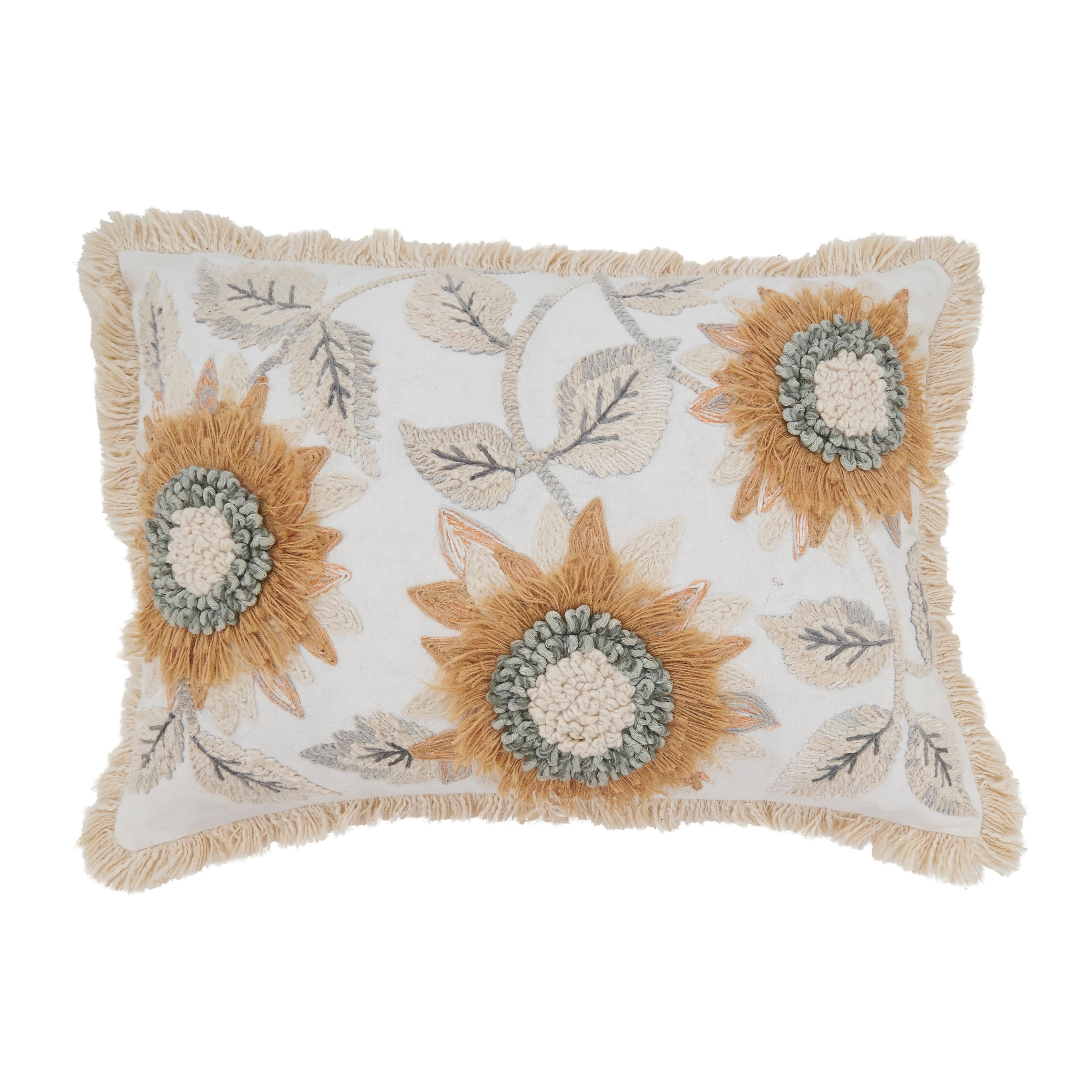 Sunny Bloom Embroidered Sunflower Throw Pillow