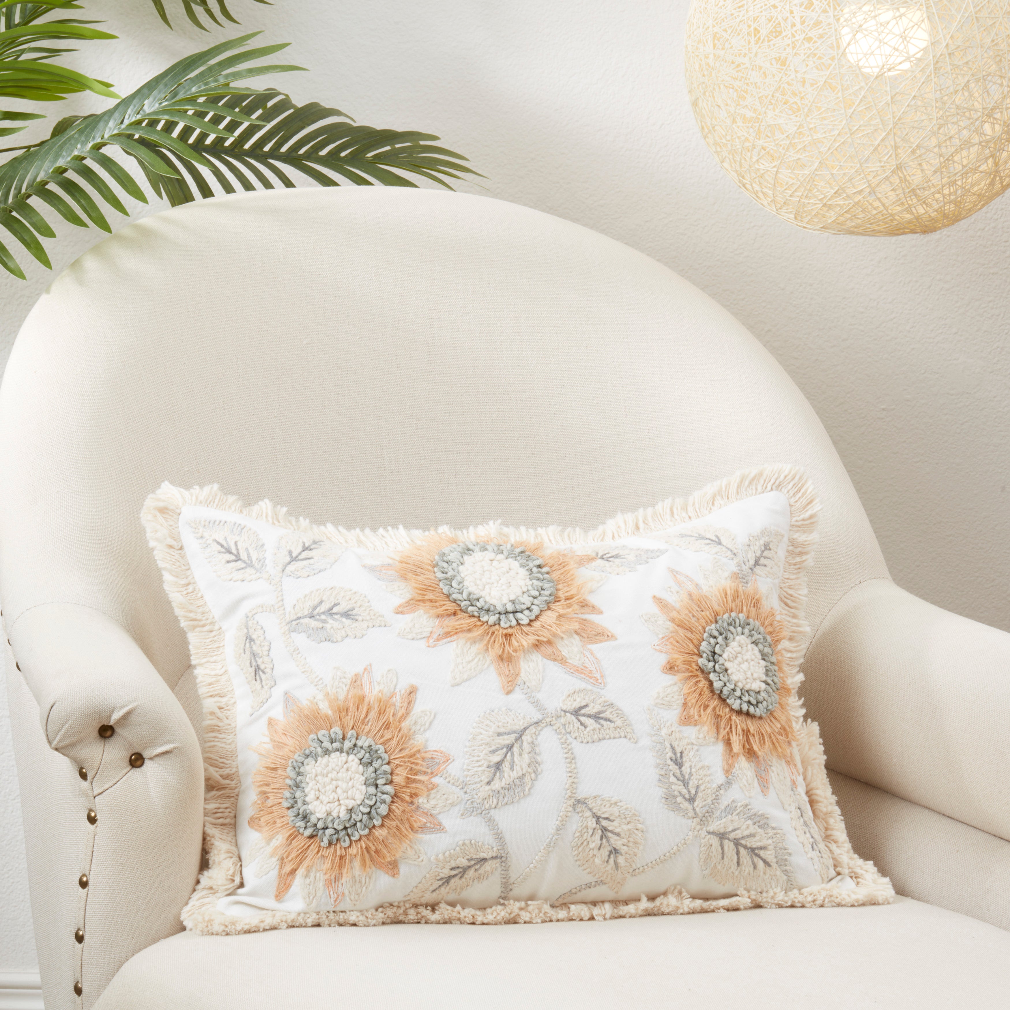 Sunny Bloom Embroidered Sunflower Throw Pillow