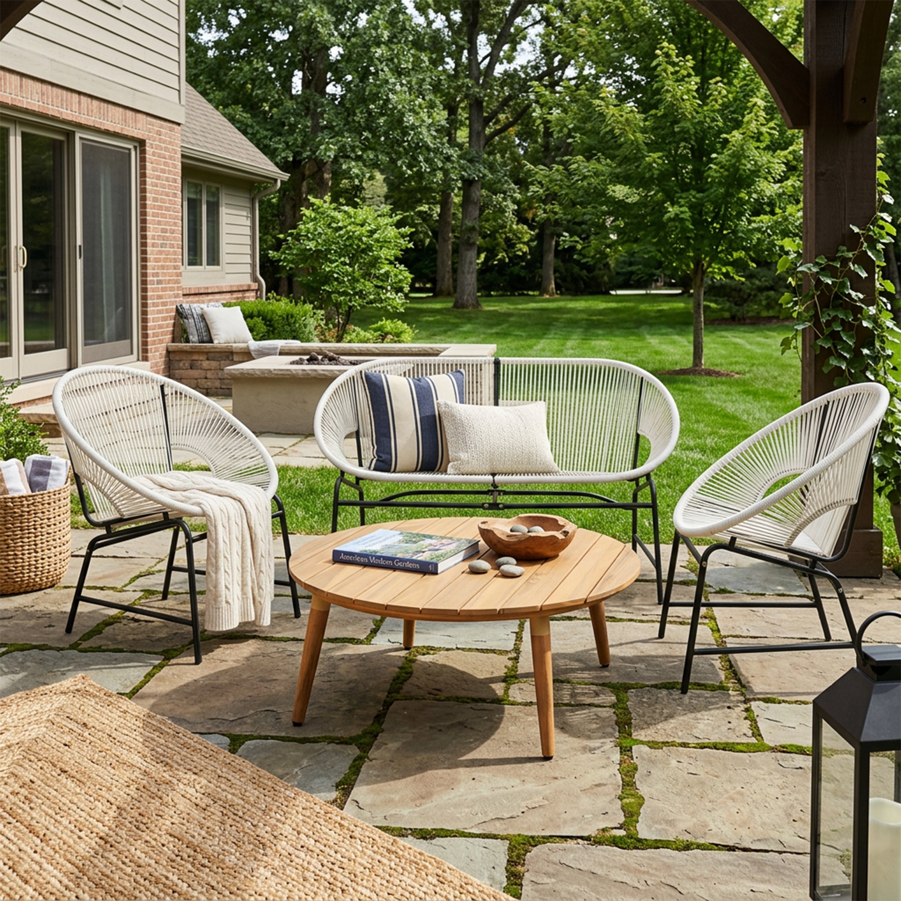 NUSA OUTDOOR PATIO 4-PCS CHAT SET, TEAL PE RATTAN & IRON FRAM FURNITURE, ACACIA WOOD TABLE
