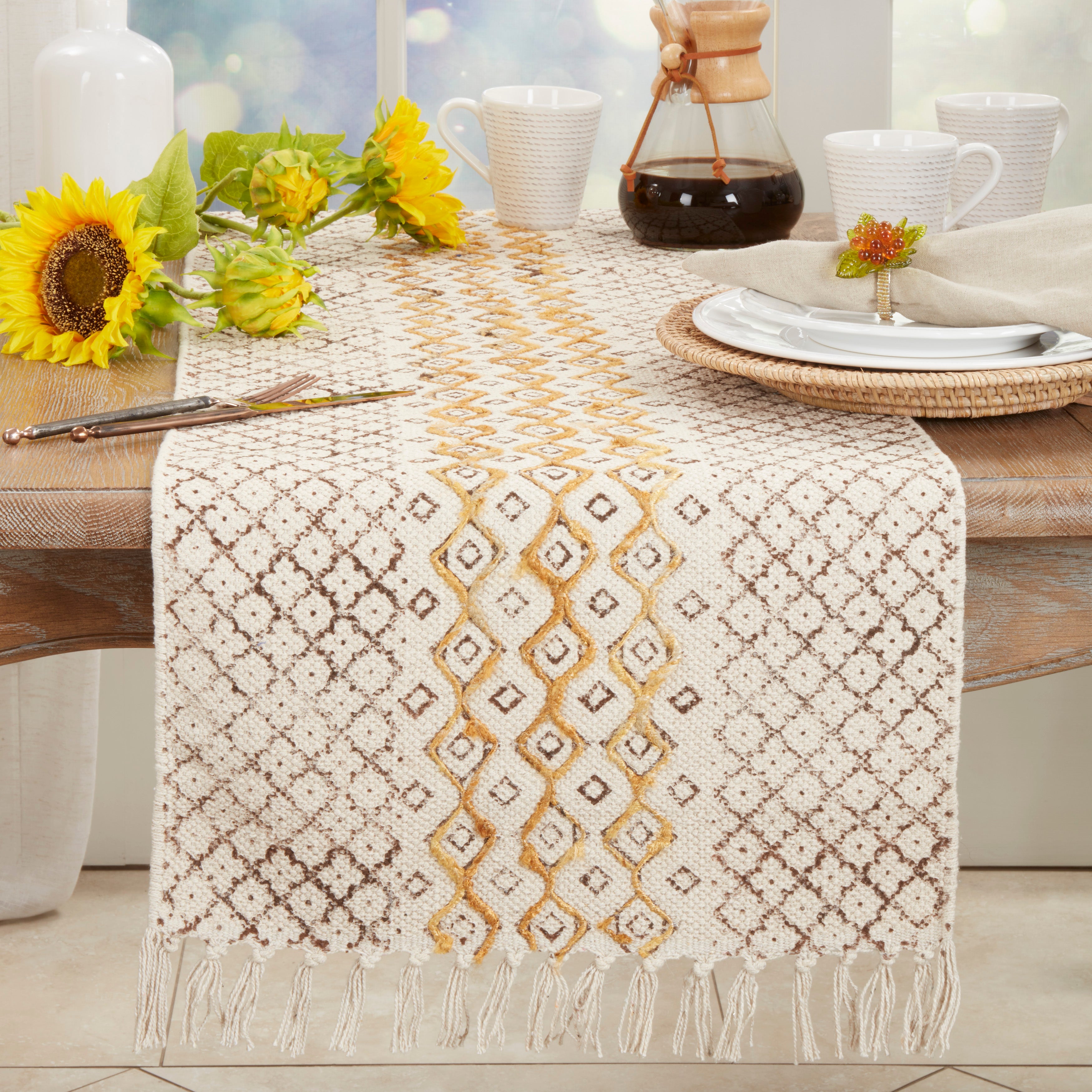 Embroidered Geometric Print Table Runner