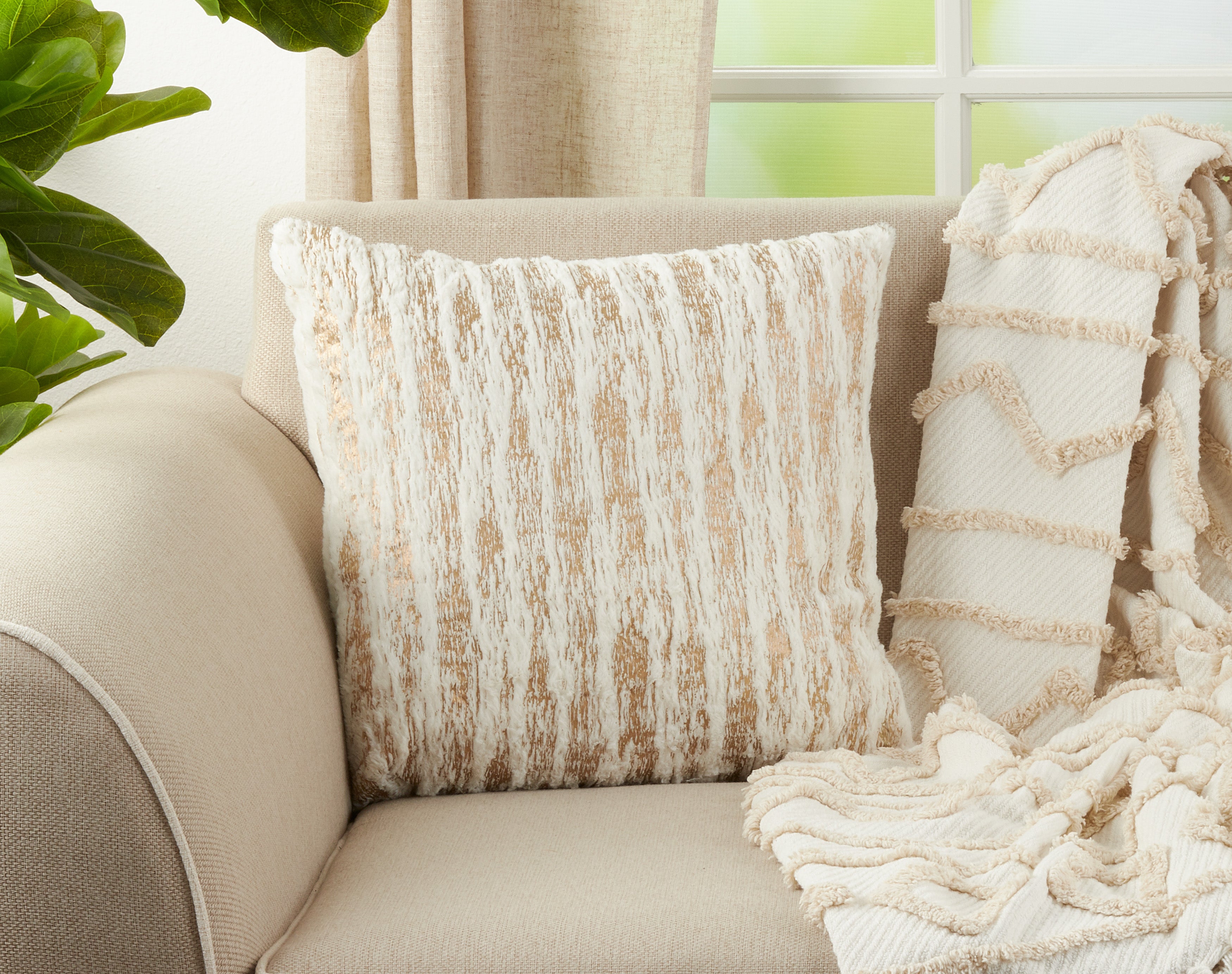 Faux Fur With Brushed Metallic Foil Print Down Filled Throw Pillow