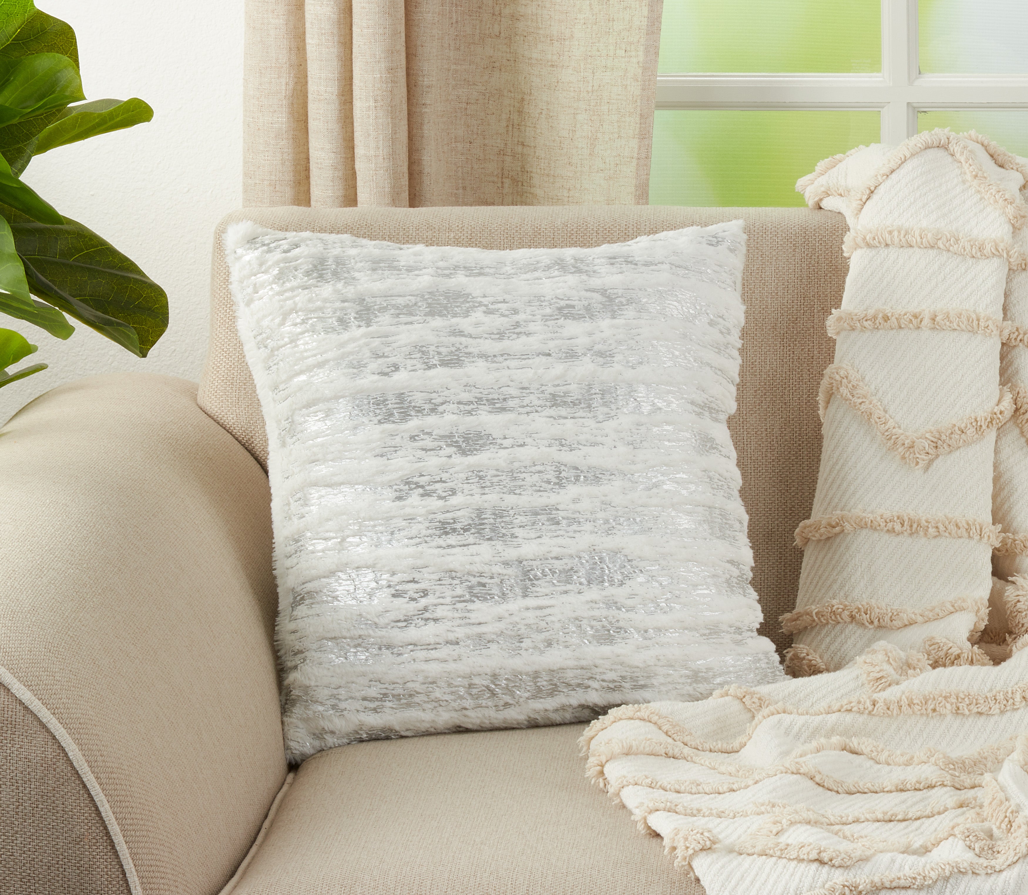 Faux Fur With Brushed Metallic Foil Print Down Filled Throw Pillow